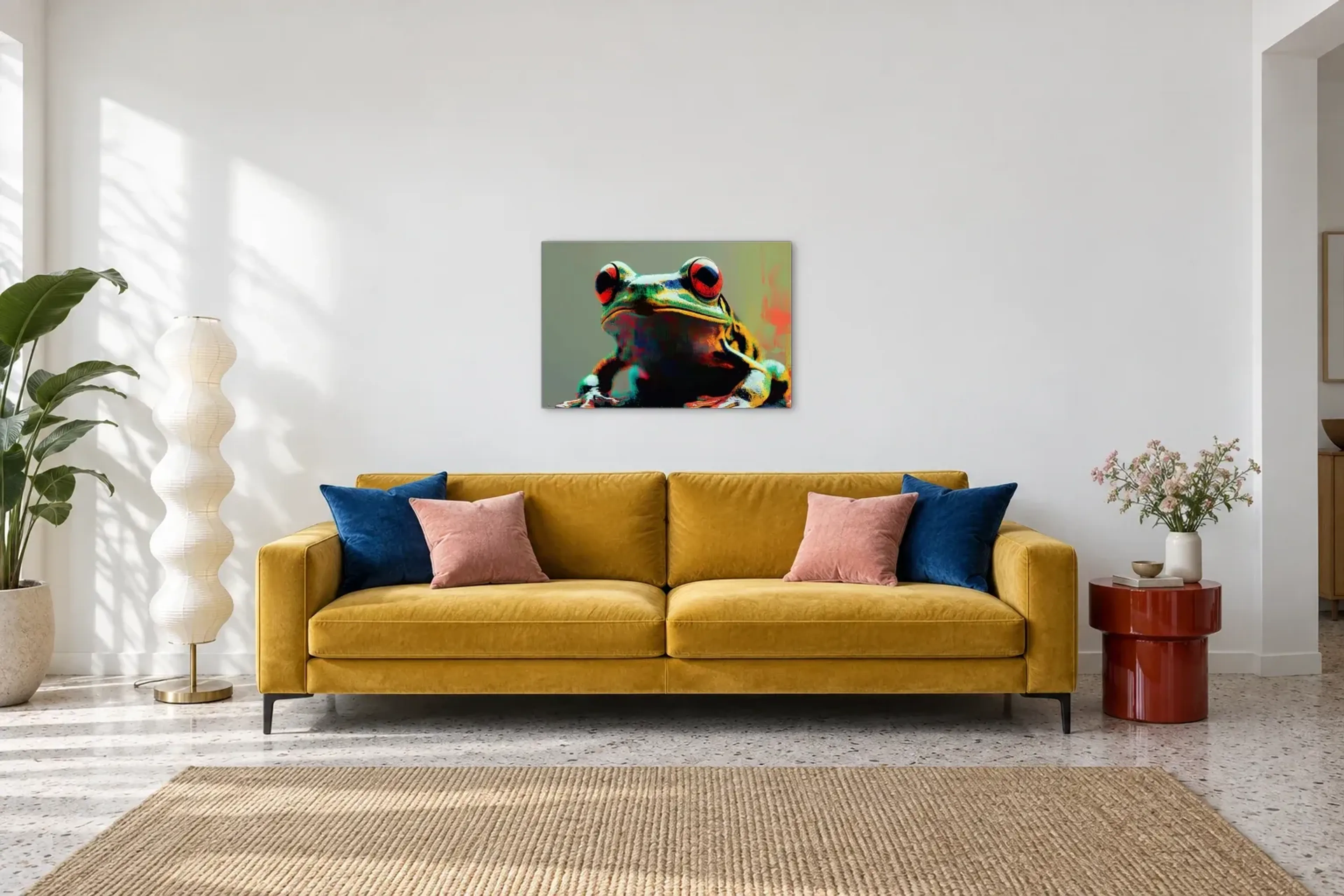 Frosch ganz nah als Wandbild über einem 220-cm-Sofa