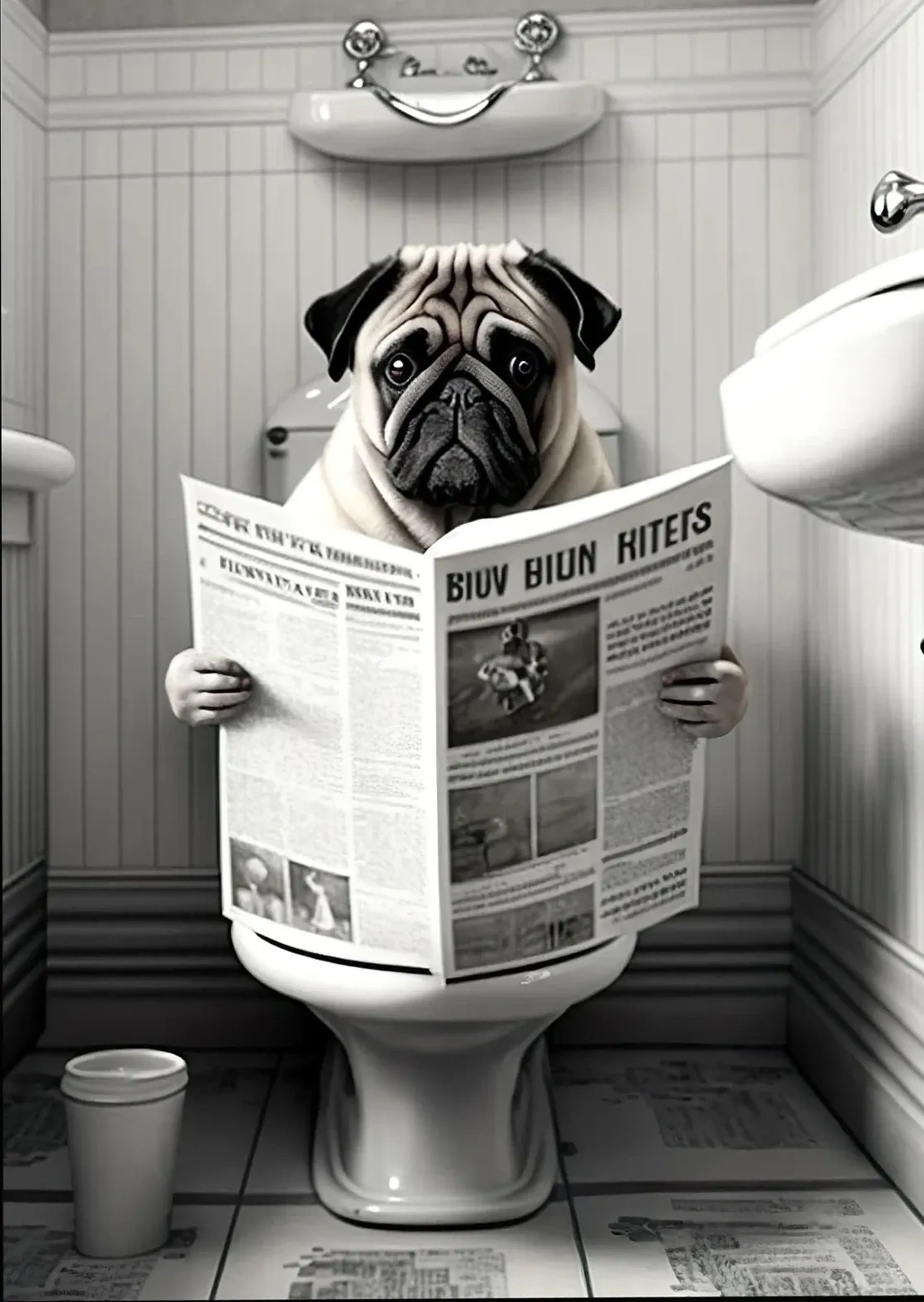 Ein Mops hält auf einer Toilette eine aufgeschlagene Zeitung in einem überwiegend schwarz-weißen Badezimmer.