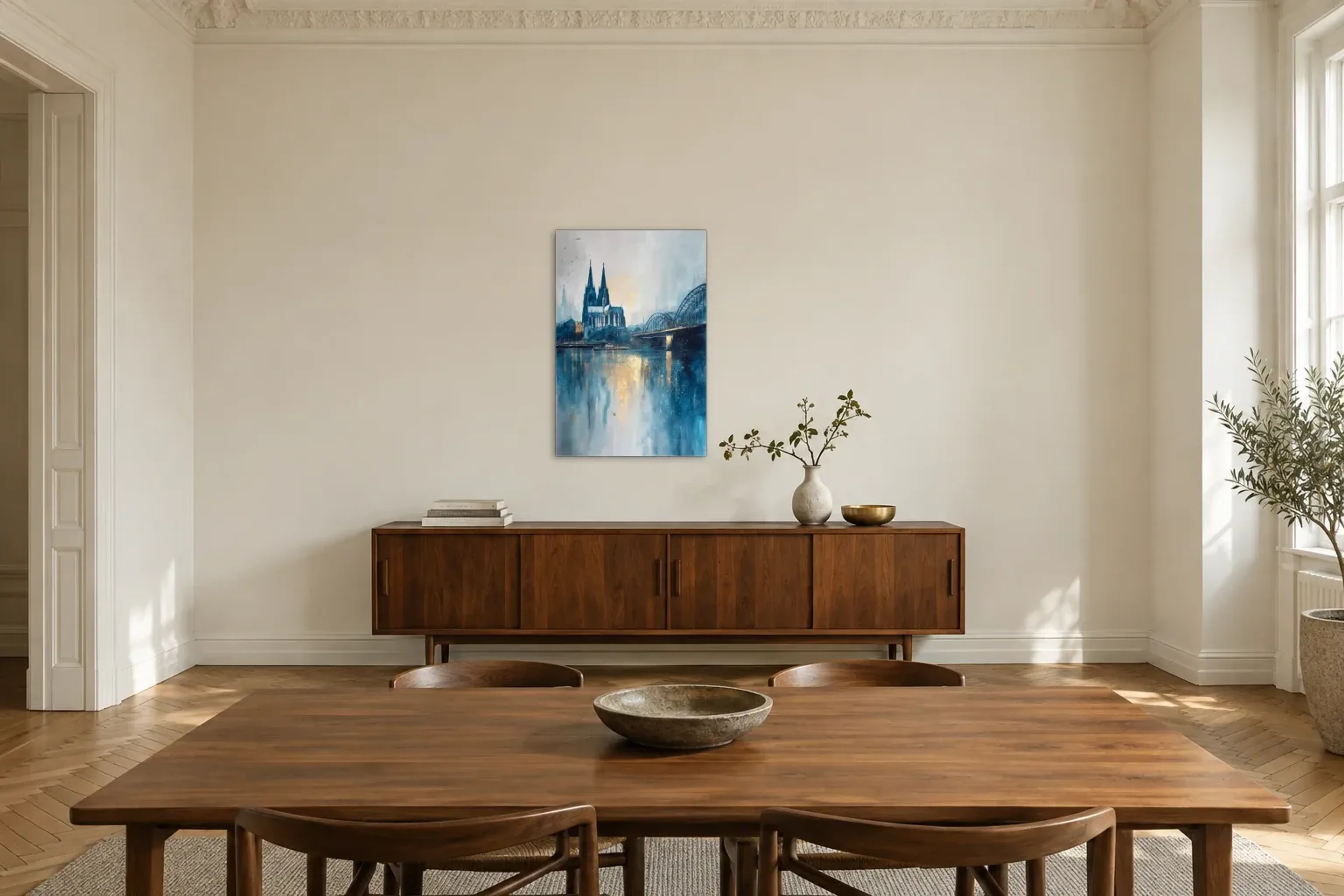Goldlicht am Kölner Dom als Wandbild über einem 200-cm-Sideboard