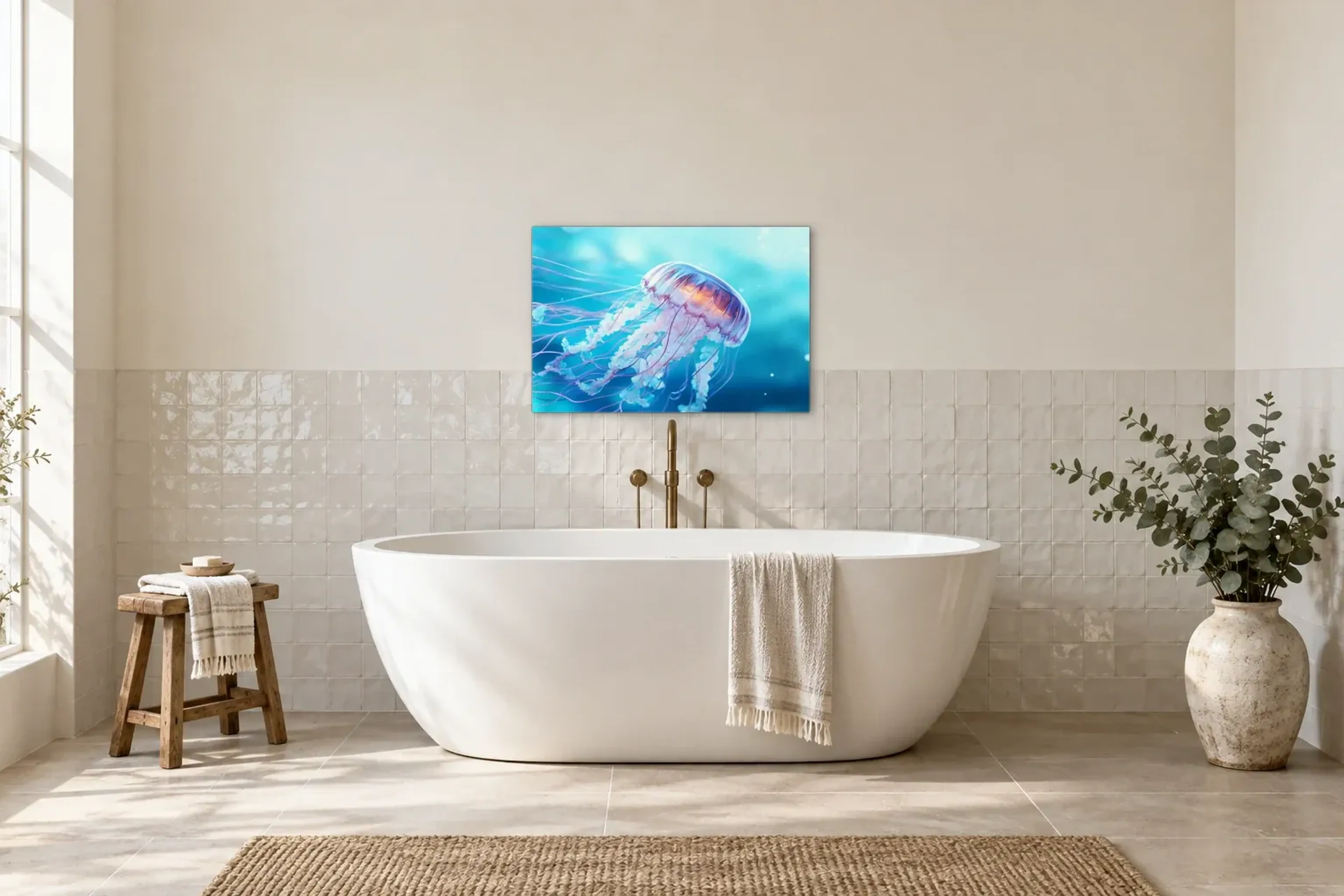 Qualle im Türkislicht als Wandbild über einer 170-cm-Badewanne