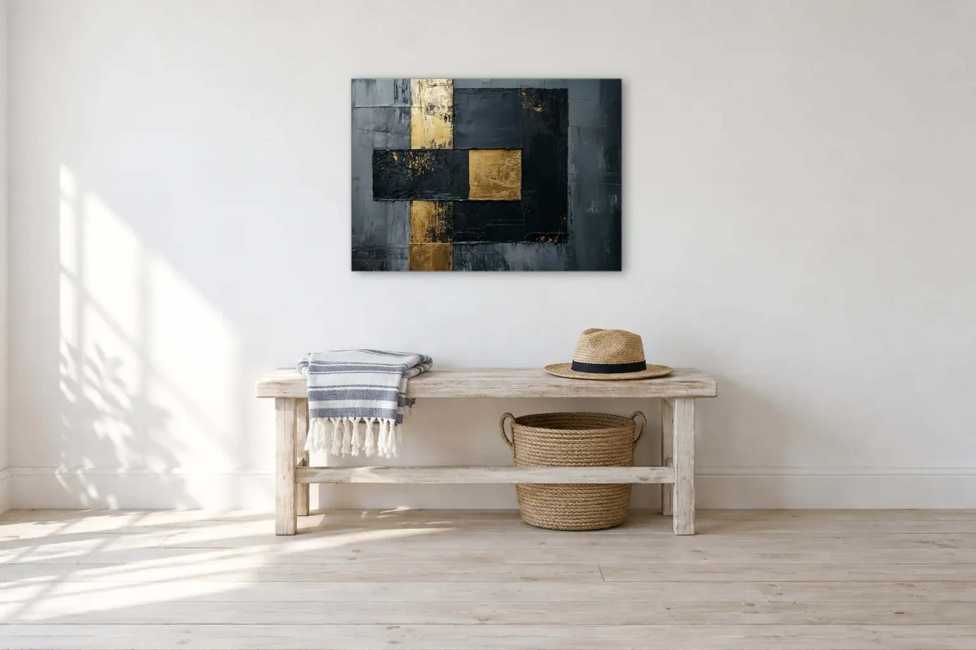 Rechtecke in Anthrazitgold als Wandbild über einer 100-cm-Bank