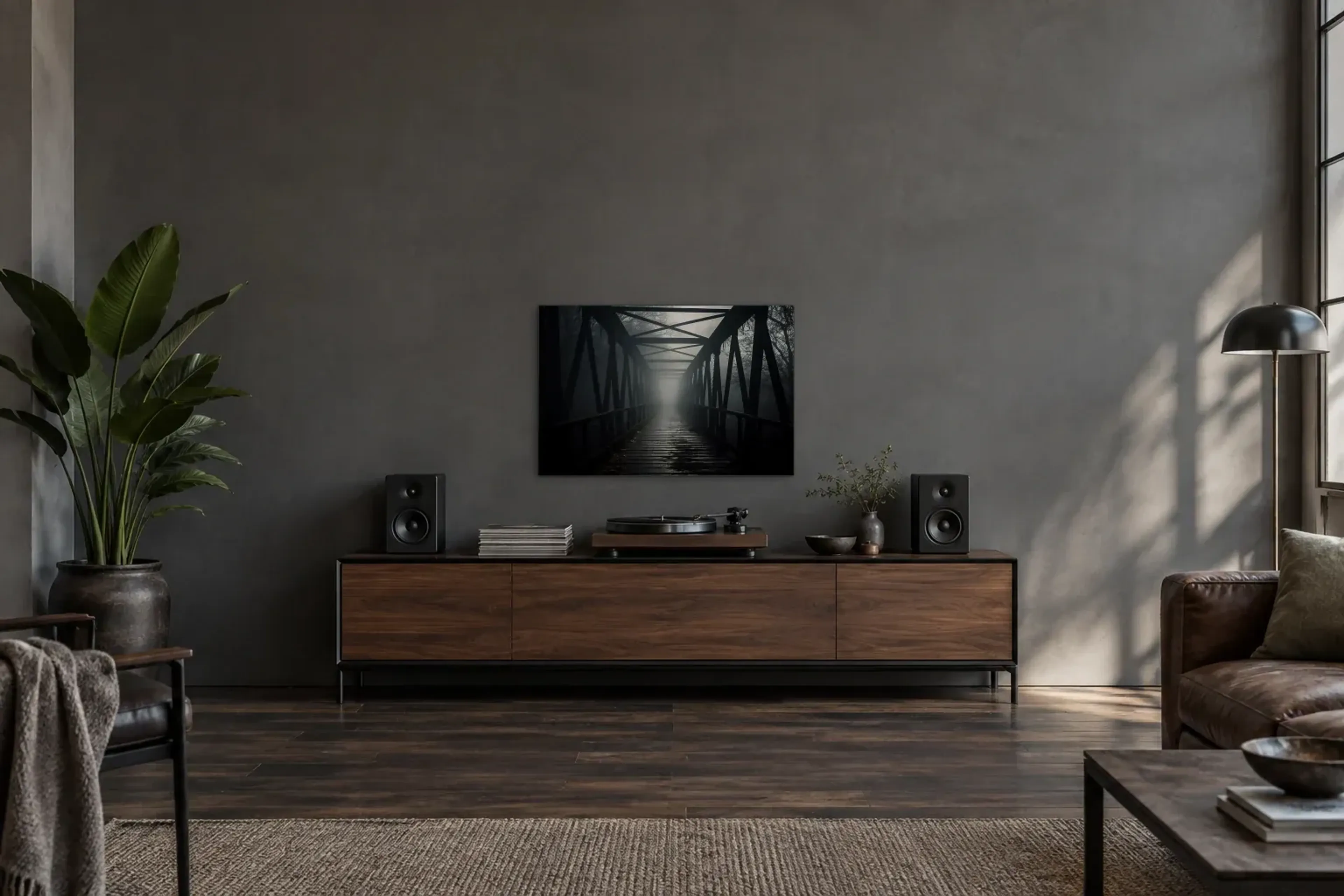 Brücke im Nebel als Wandbild über einem 200-cm-Sideboard