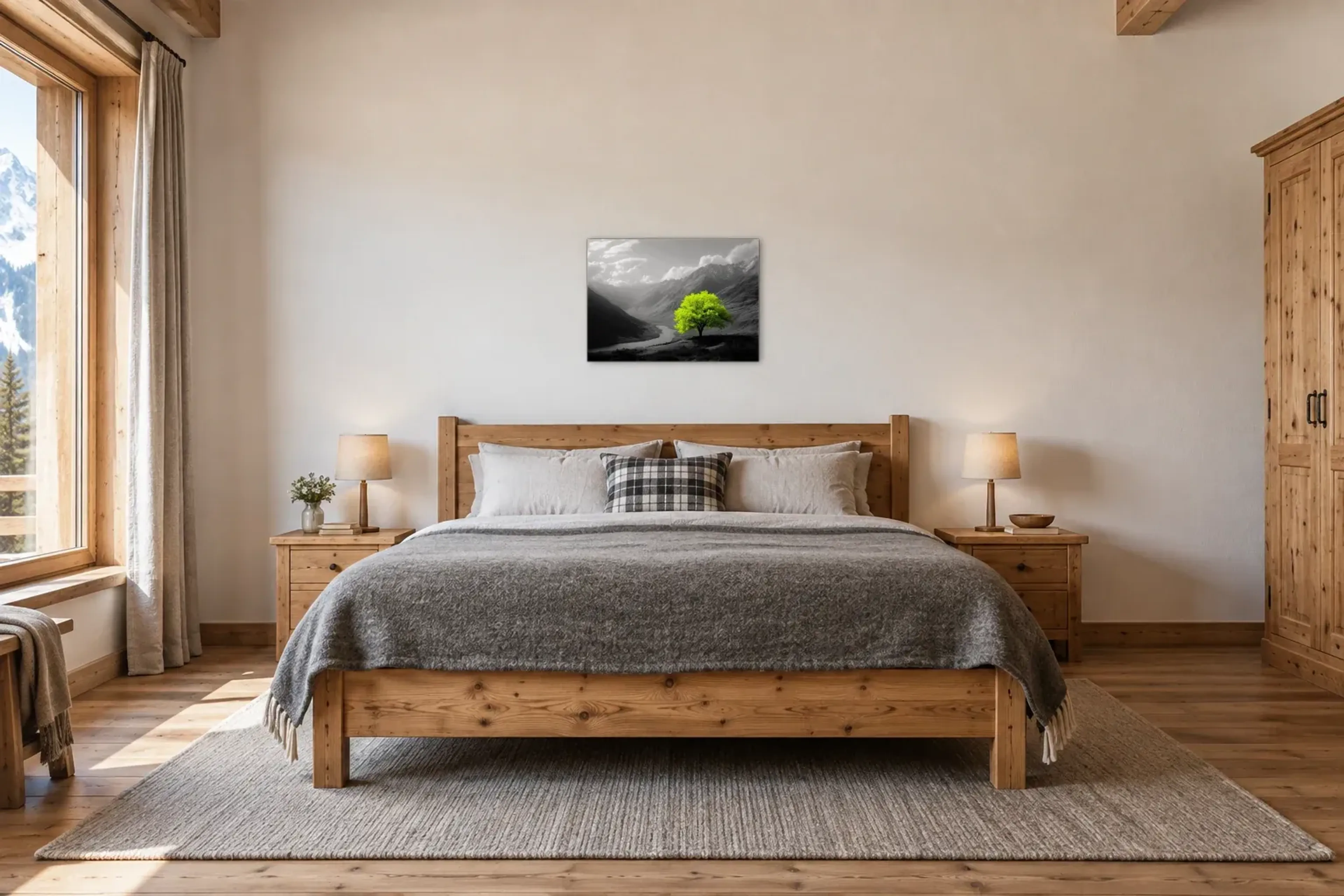 Grüner Baum im Bergtal als Wandbild über einem 180-cm-Bett