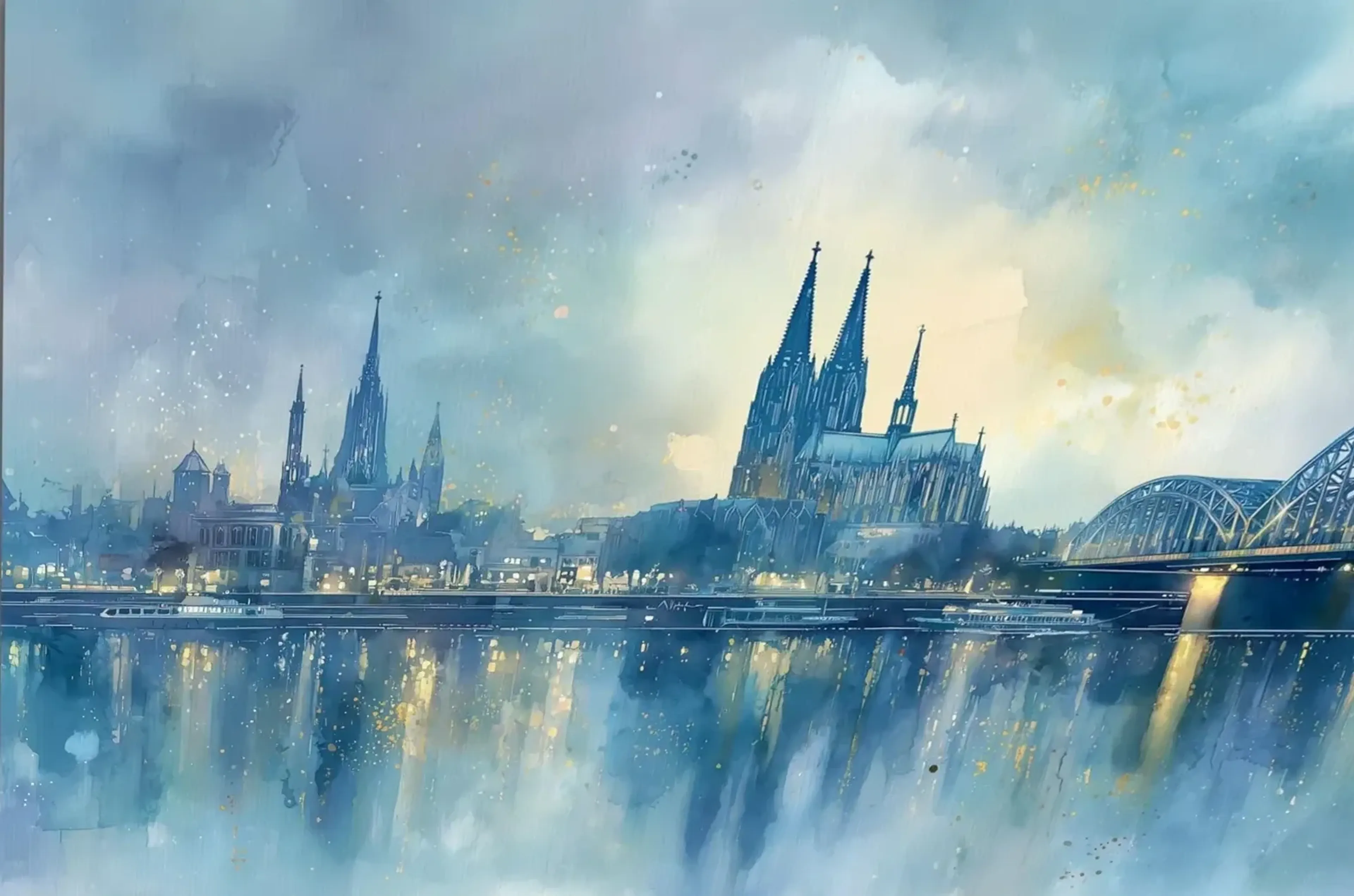 Kölner Silhouette mit Dom, Brücke und Schiffen in Blaugrün, mit hellem Himmel und goldfarbenen Sprenkeln.