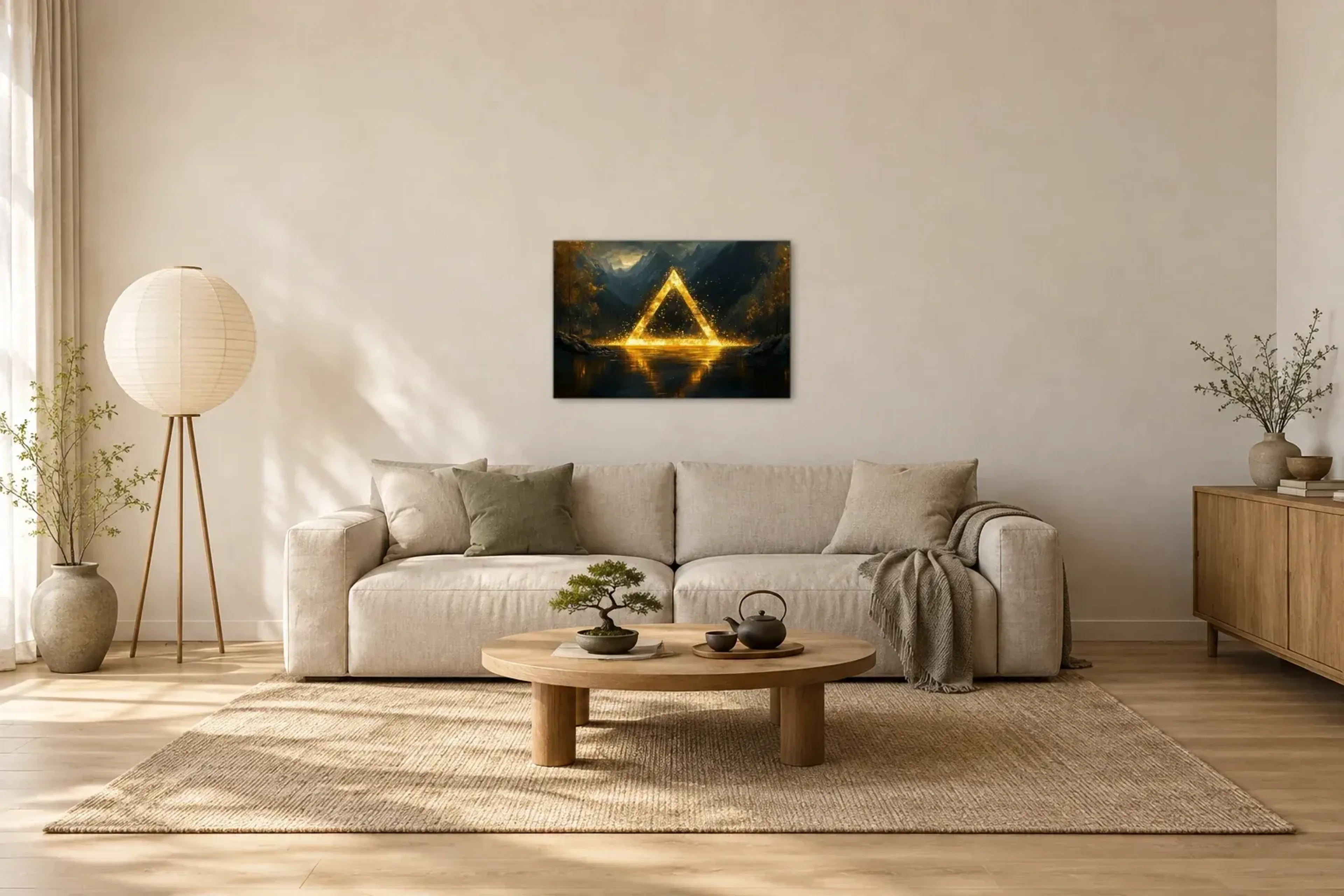 Leuchtendes Dreieck als Wandbild über einem 220-cm-Sofa