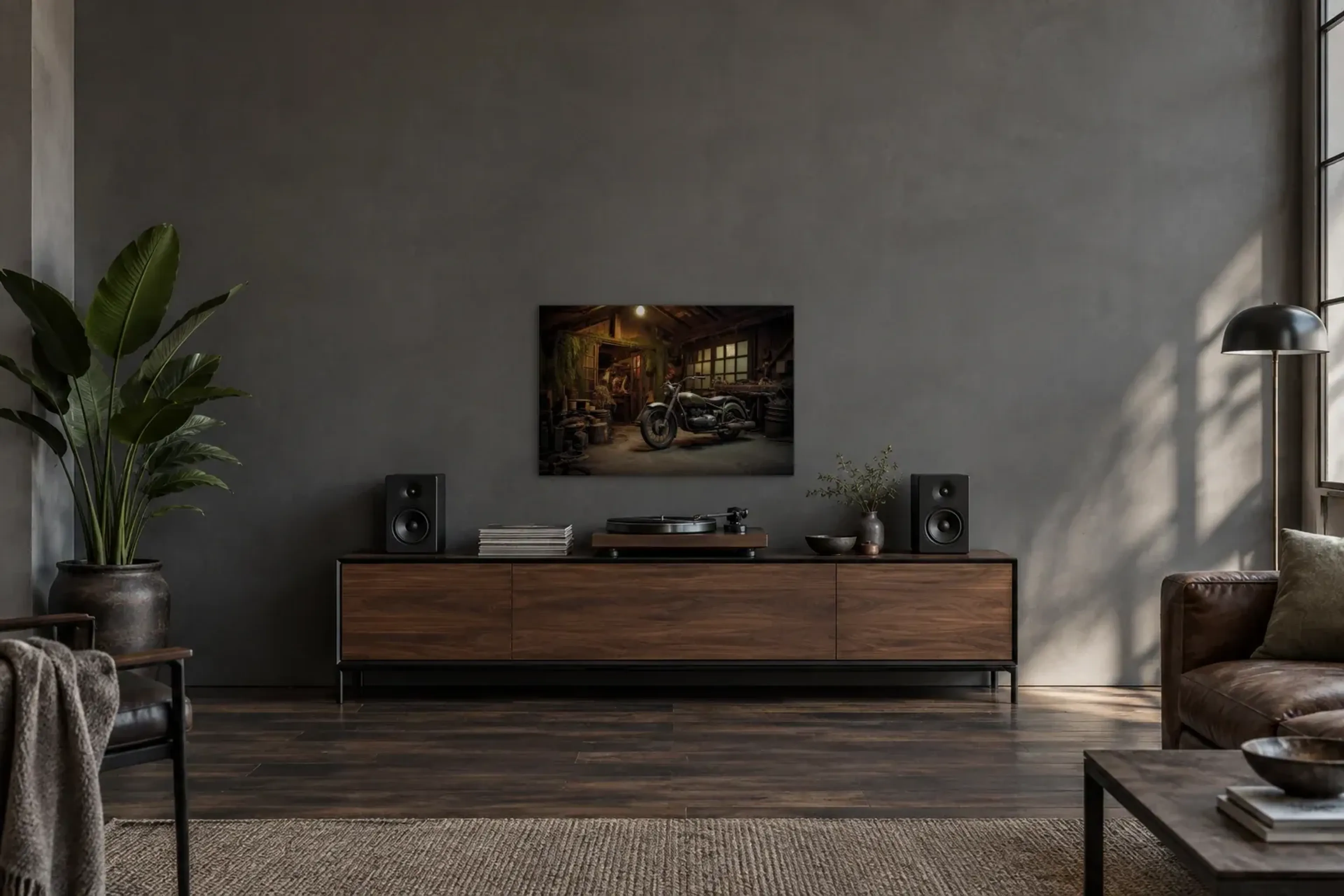 Motorrad in alter Garage als Wandbild über einem 200-cm-Sideboard