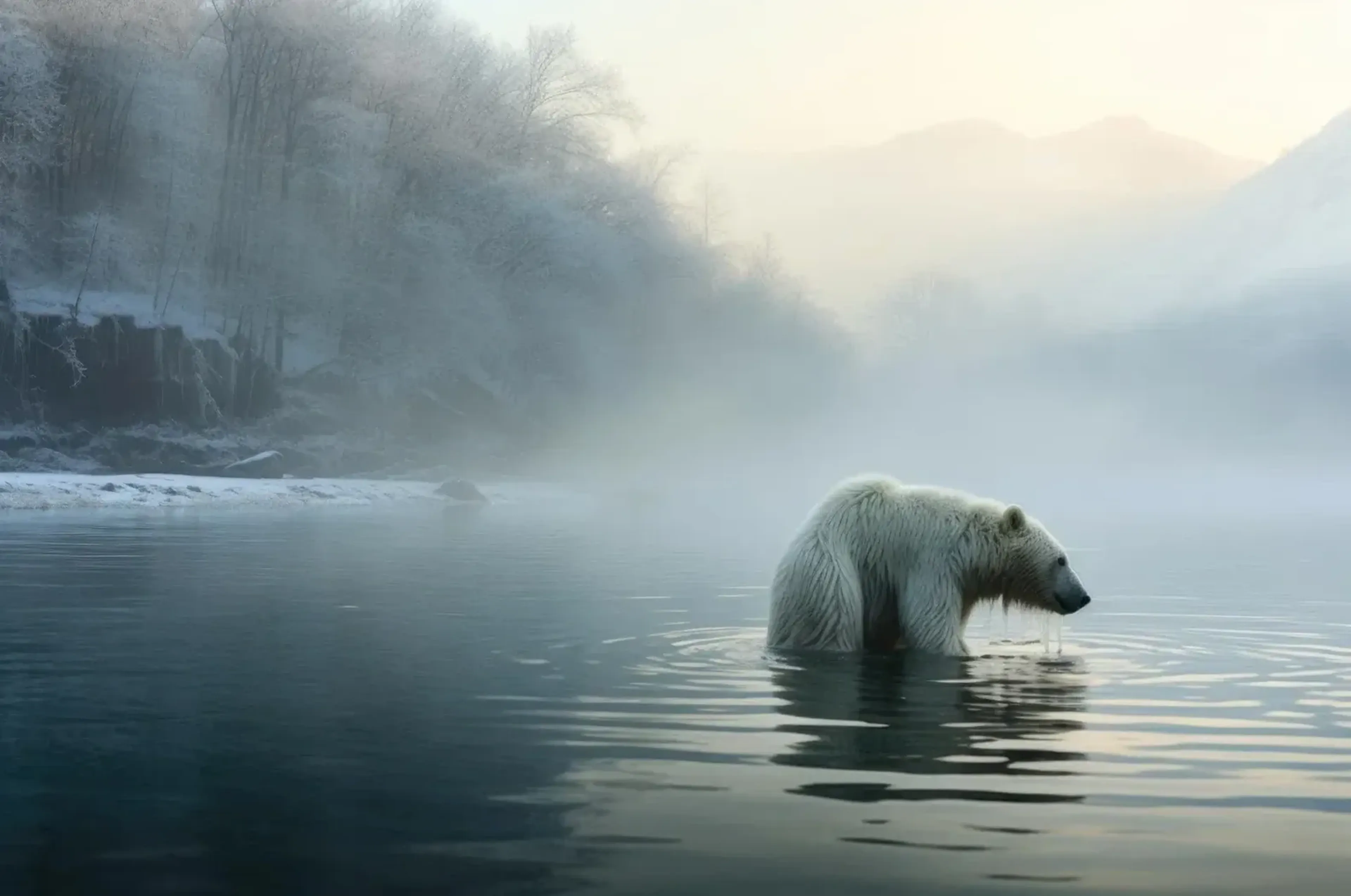Eisbär im ruhigen Fluss mit Spiegelung, dahinter ein winterliches Ufer und neblige Berge.