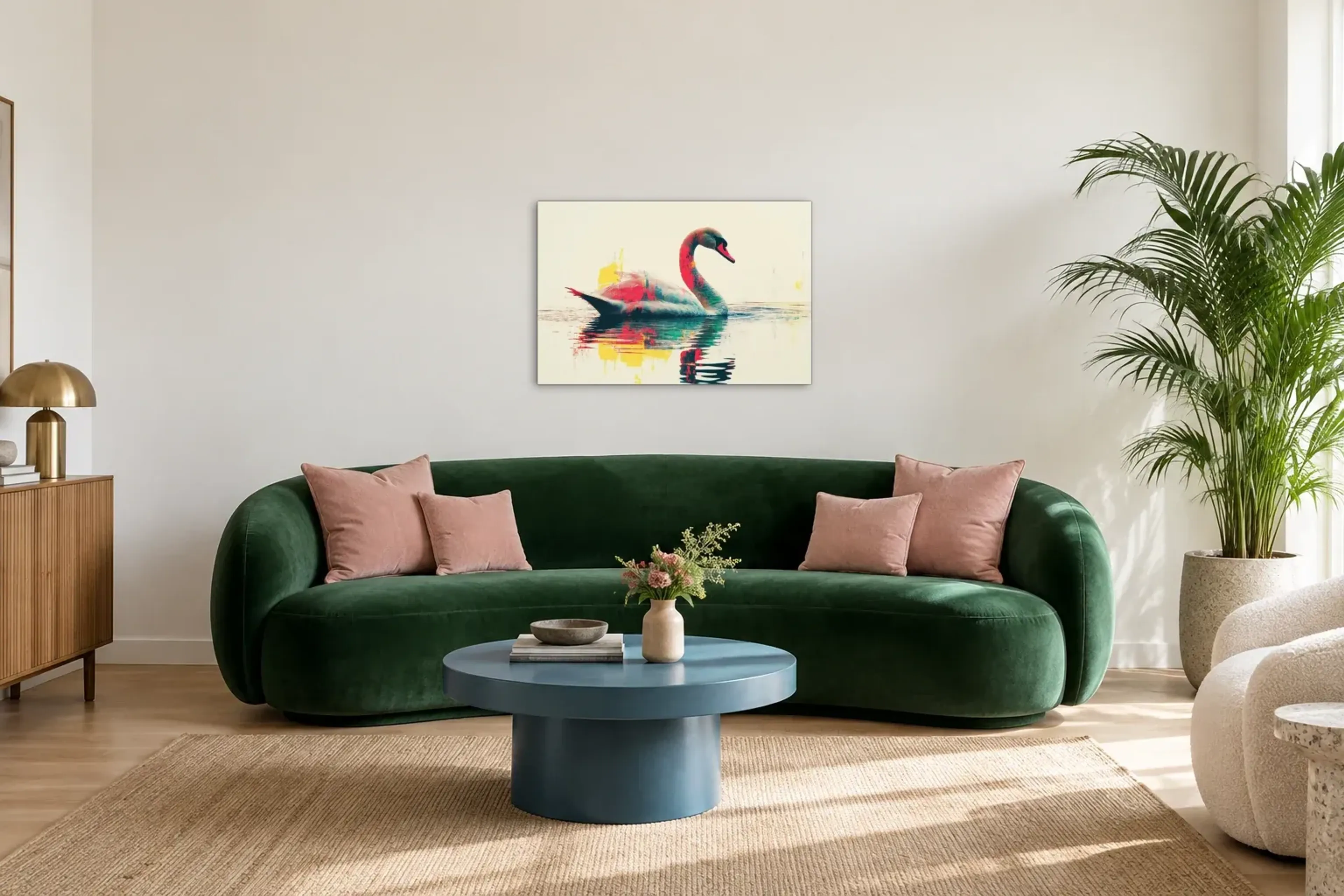 Schwan in Türkis und Rot als Wandbild über einem 220-cm-Sofa