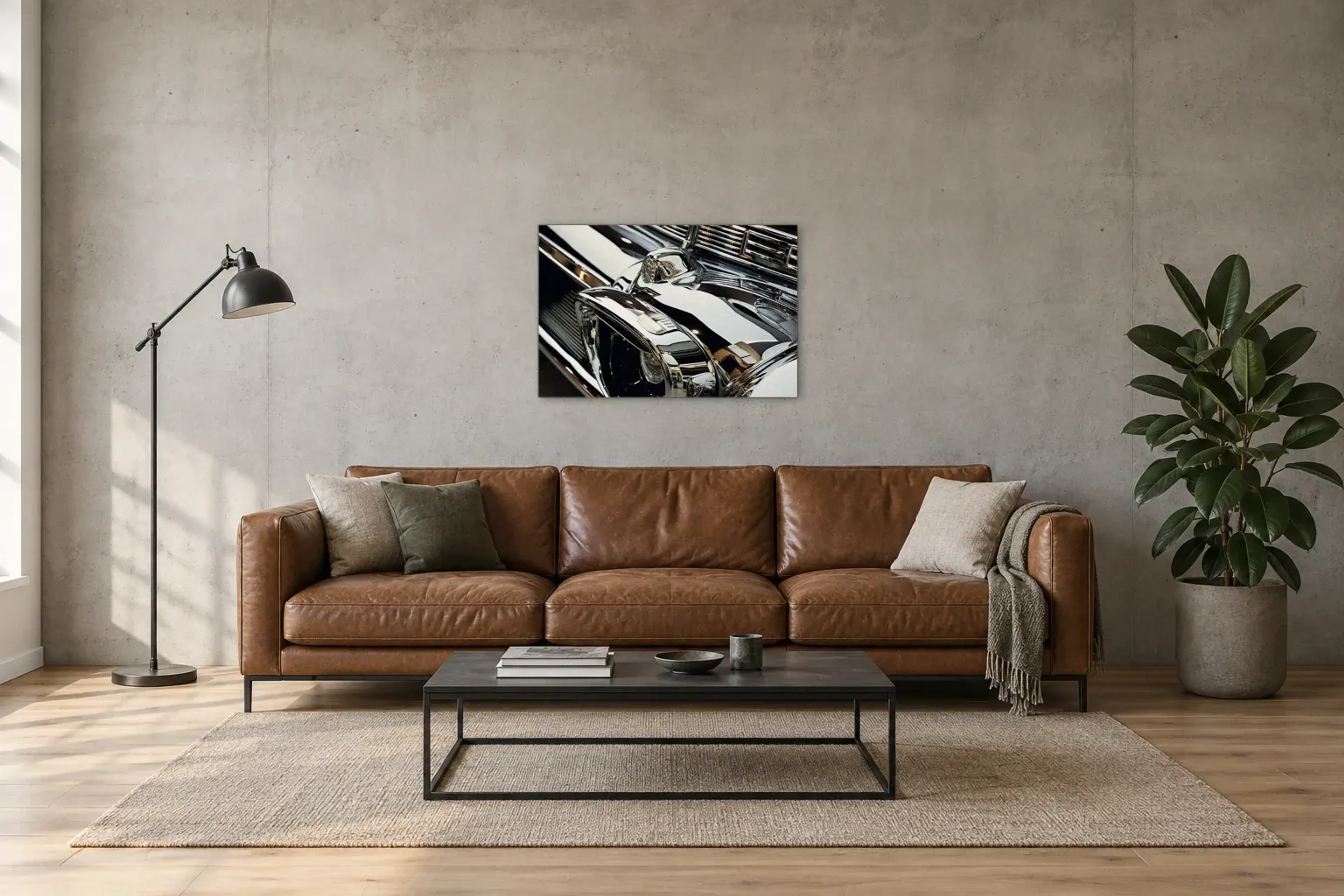 Chrom Scheinwerfer als Wandbild über einem 220-cm-Sofa