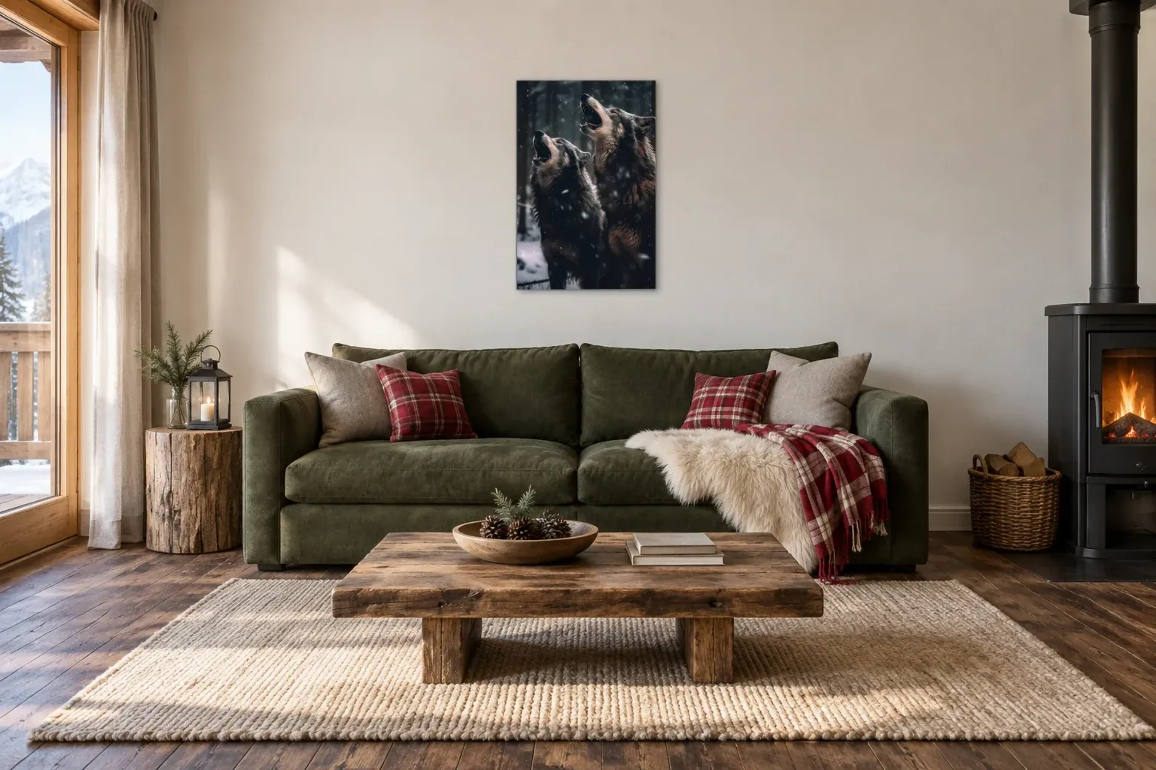 Wölfe im Schneefall als Wandbild über einem 220-cm-Sofa
