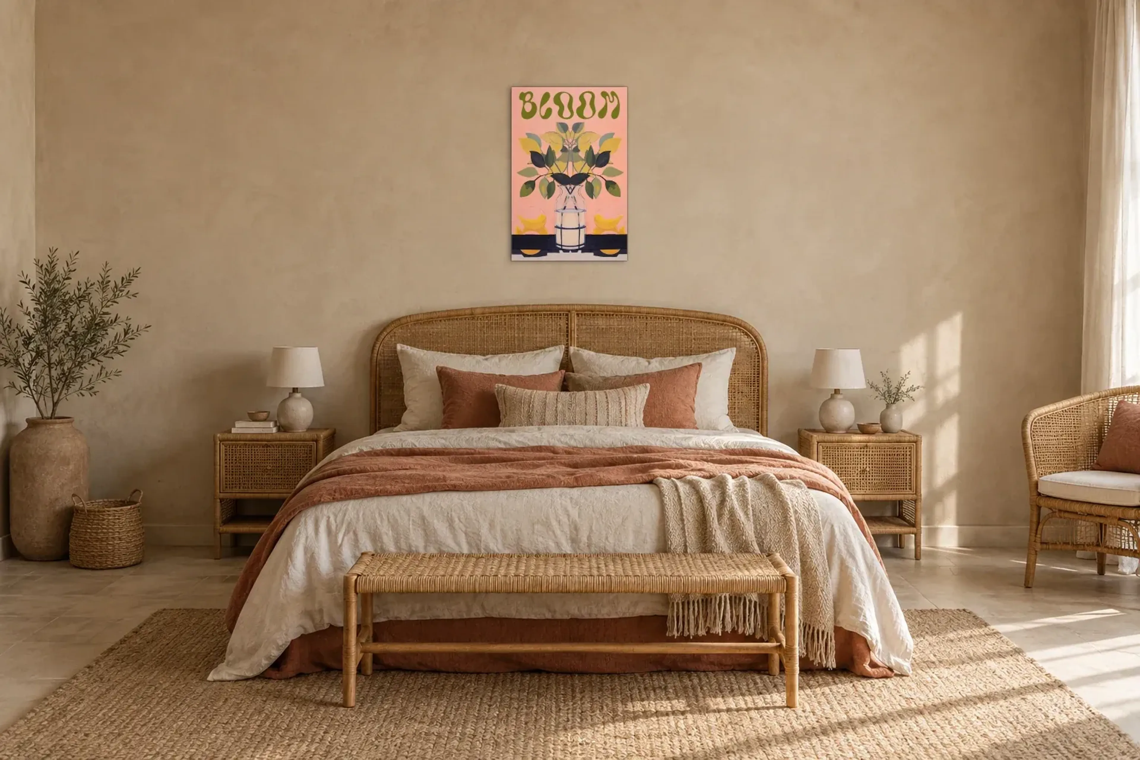 Blattzweige Bloom als Wandbild über einem 180-cm-Bett