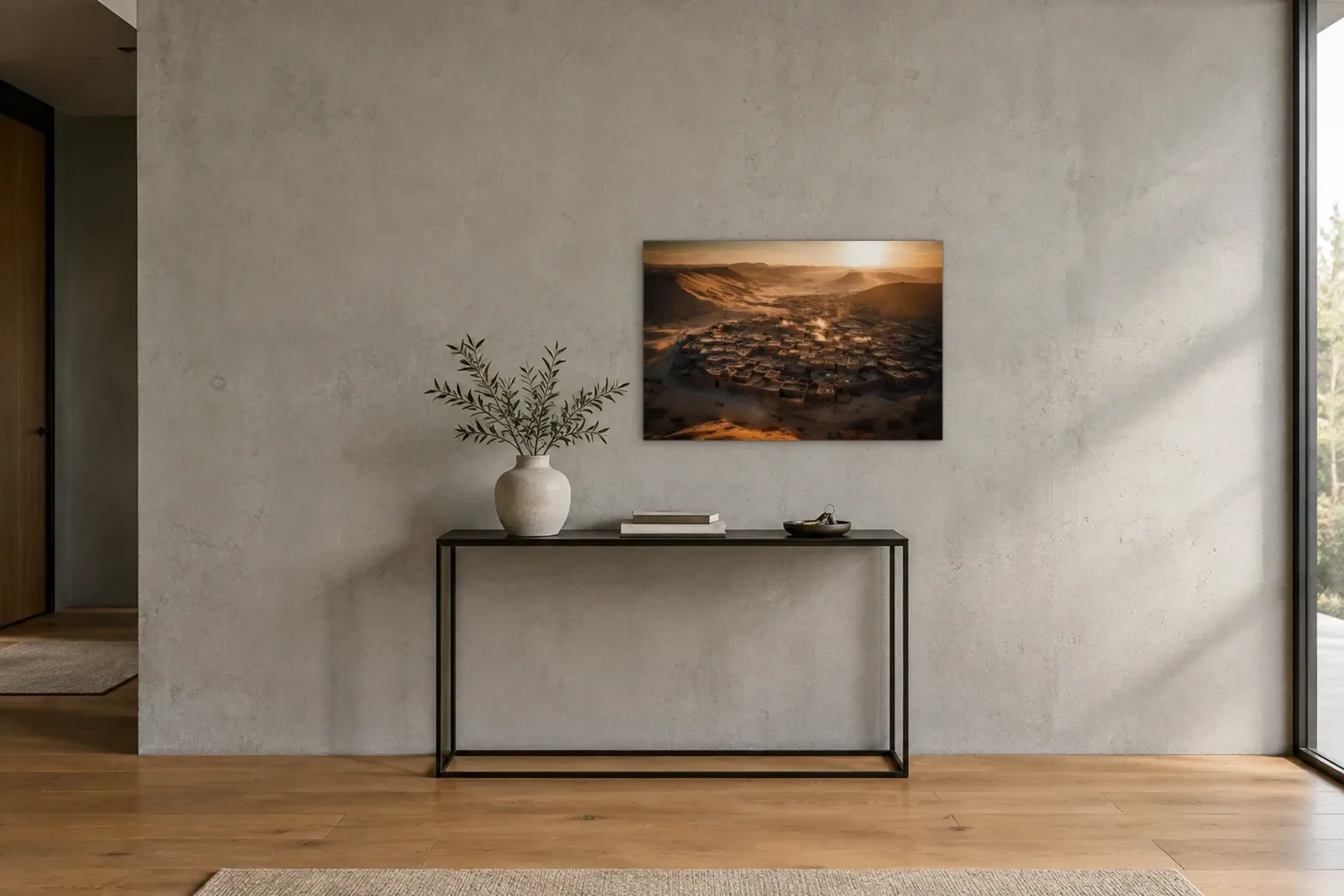 Stadt in der Wüste als Wandbild über einer 120-cm-Konsole