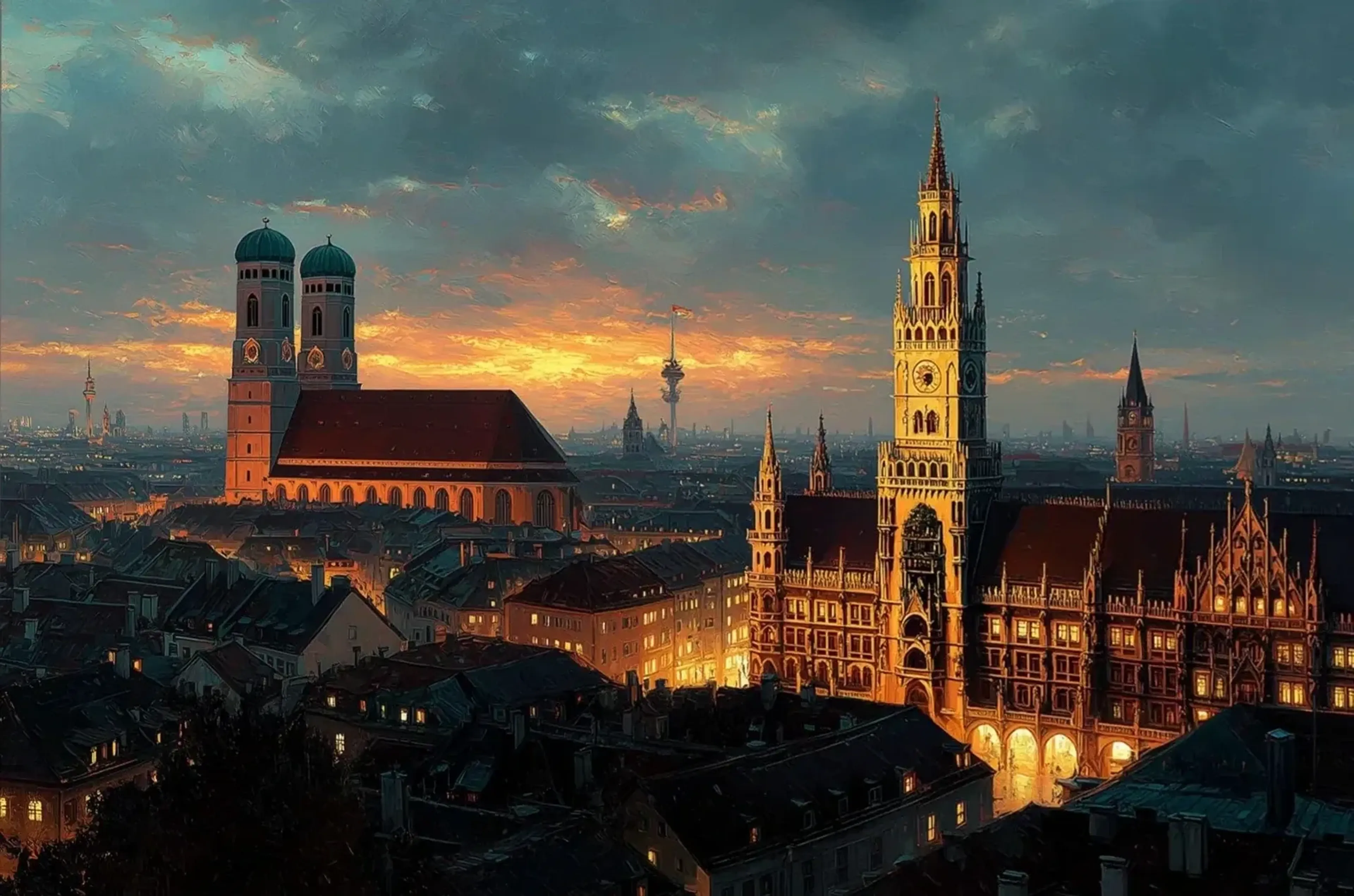 Münchner Stadtpanorama mit Frauenkirche und golden beleuchtetem Rathaus unter dunklen Wolken bei Sonnenuntergang.