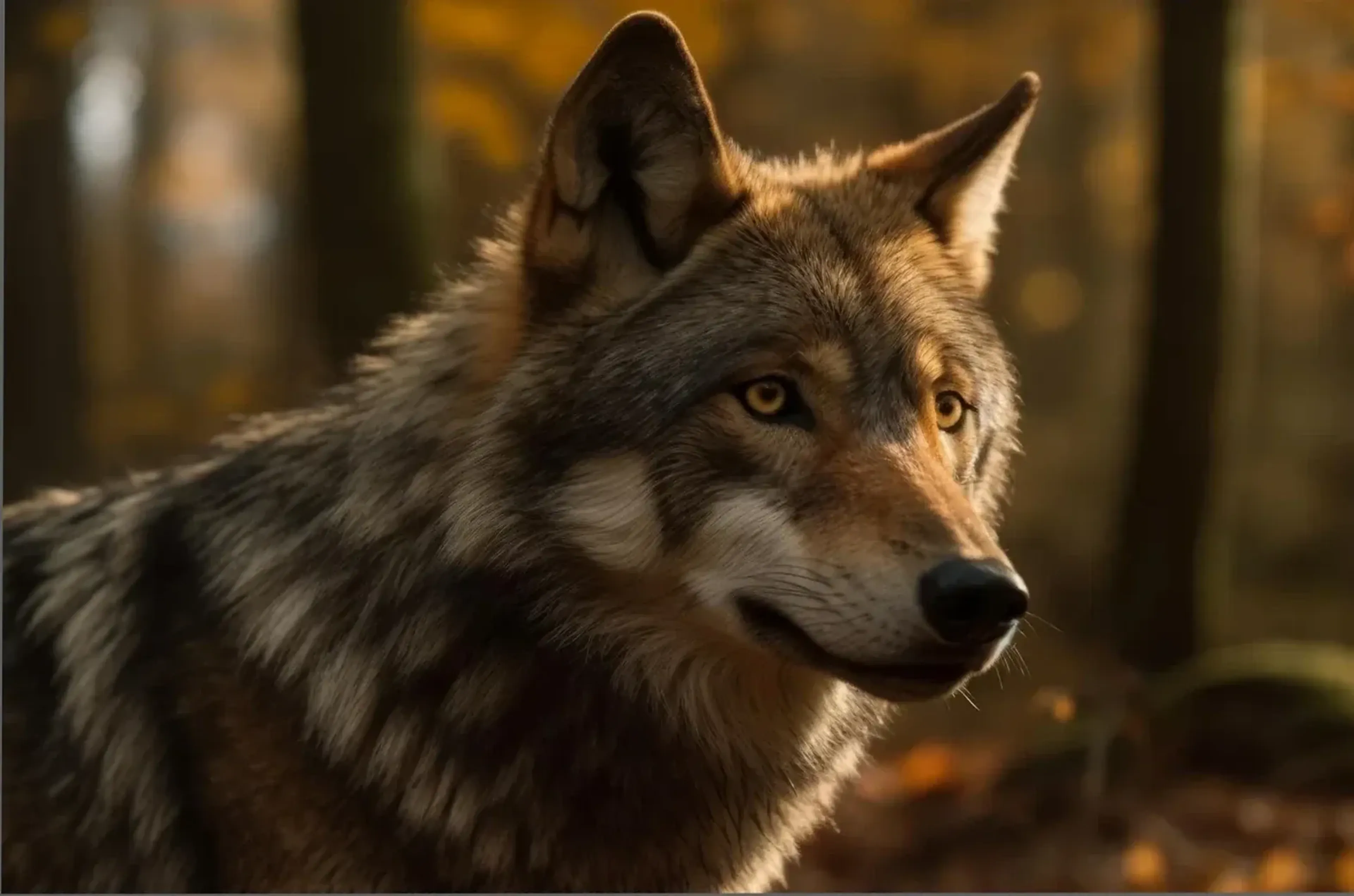 Nahansicht eines grau braunen Wolfs mit aufgestellten Ohren vor einem unscharfen Wald in warmem goldenem Licht.