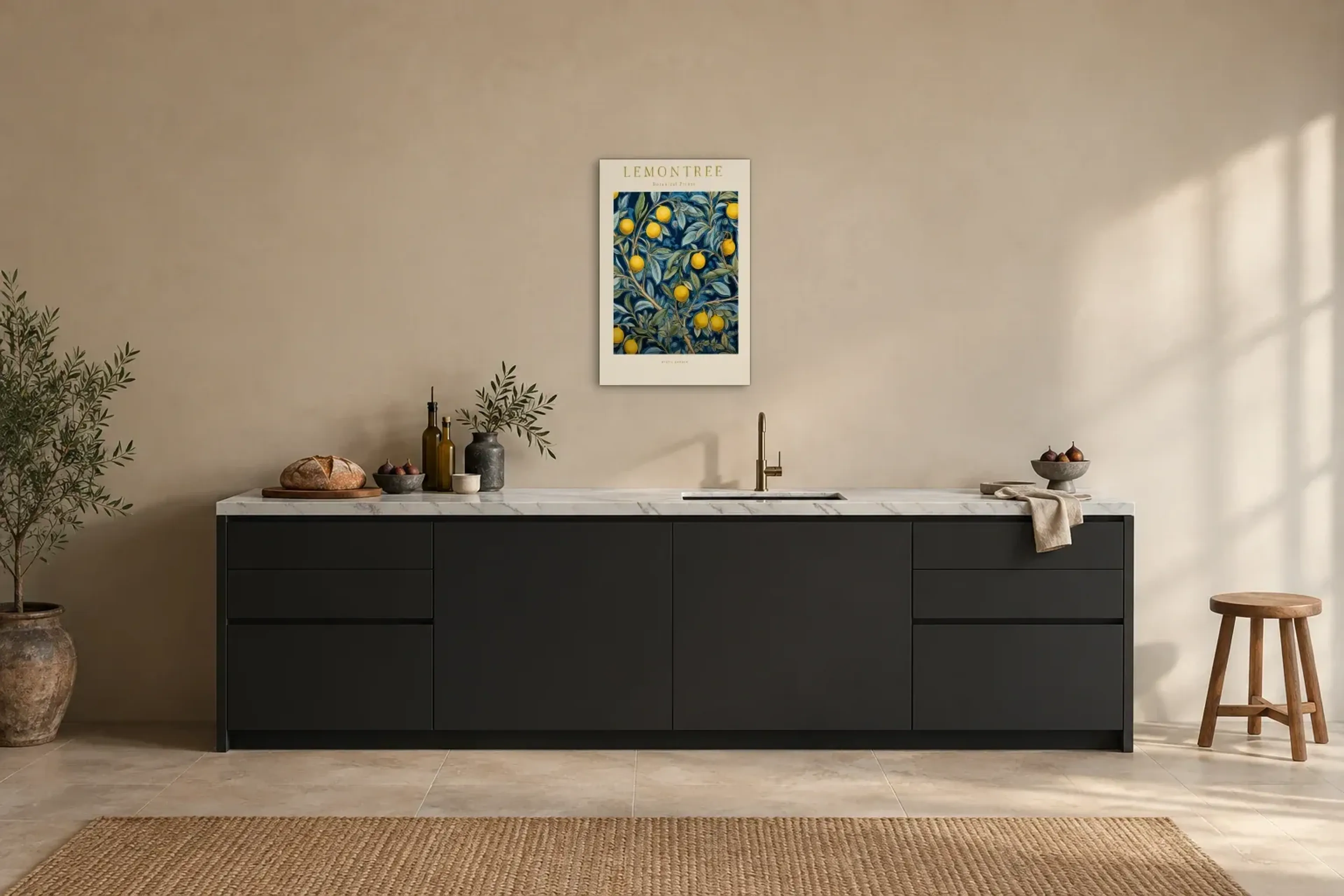 Zitronenzweige im Dunkelblau als Wandbild über einer 200-cm-Arbeitsplatte
