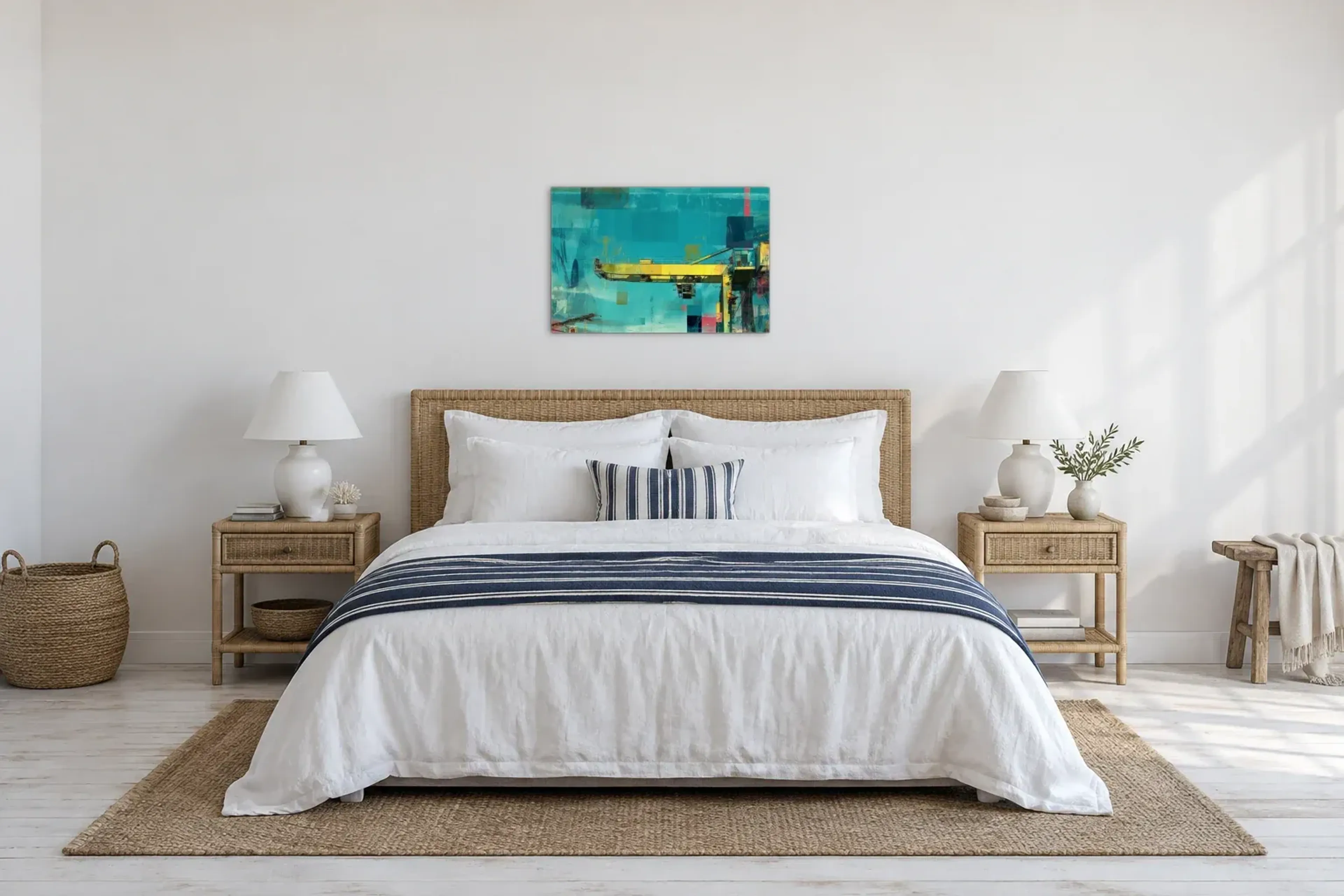 Gelber Kran im Türkis als Wandbild über einem 180-cm-Bett