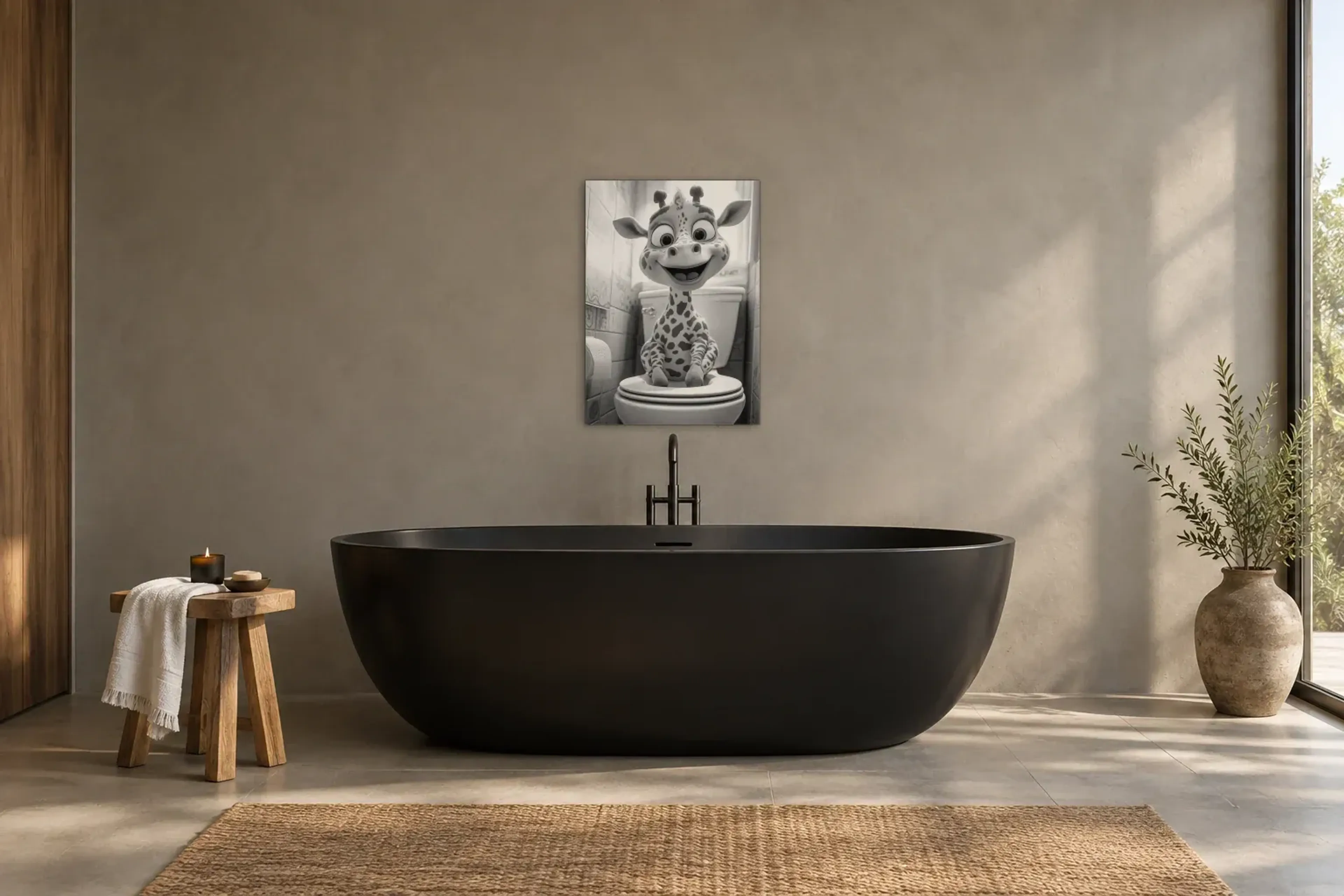 Fröhliche Giraffe als Wandbild über einer 170-cm-Badewanne