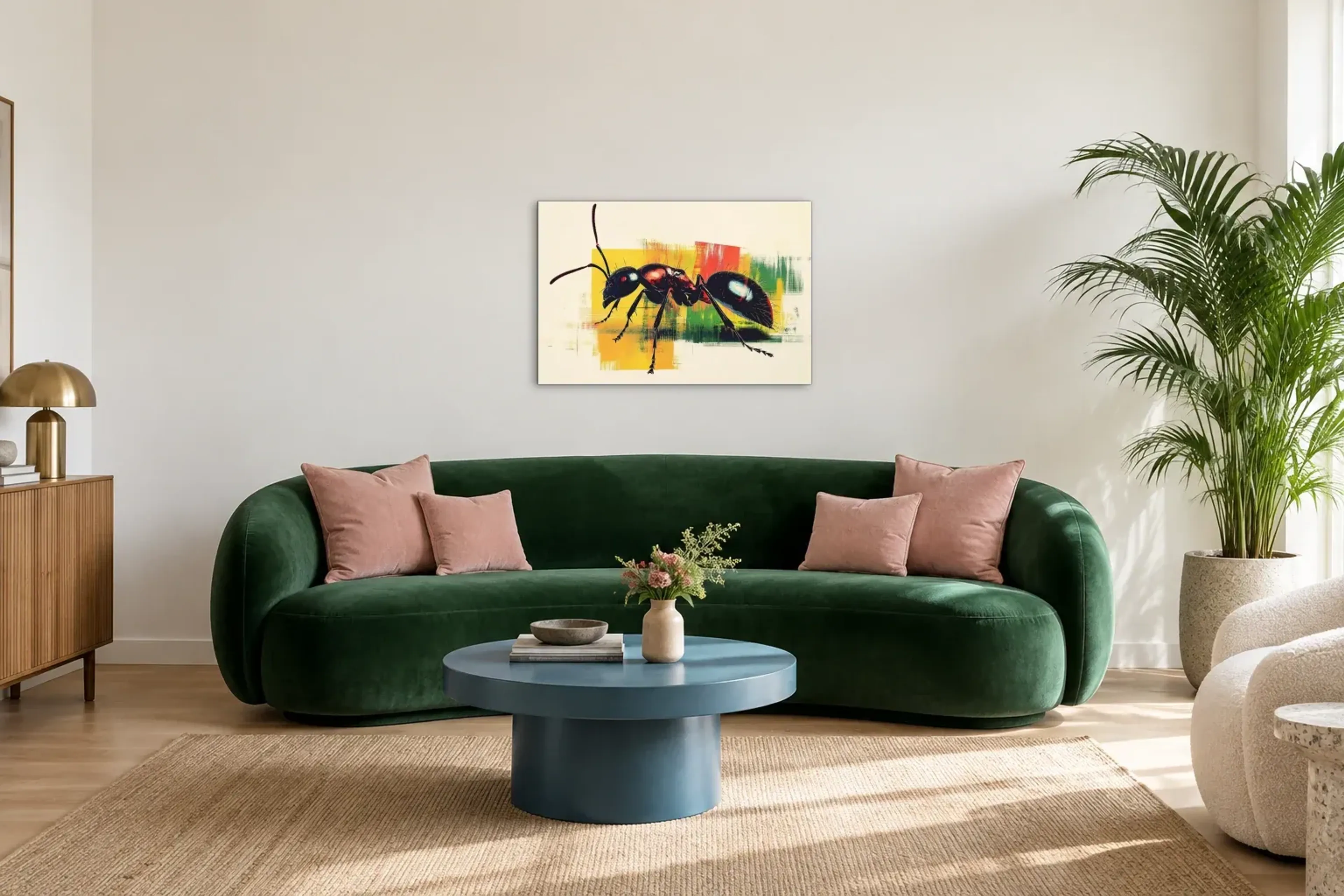 Ameise vor bunten Streifen als Wandbild über einem 220-cm-Sofa