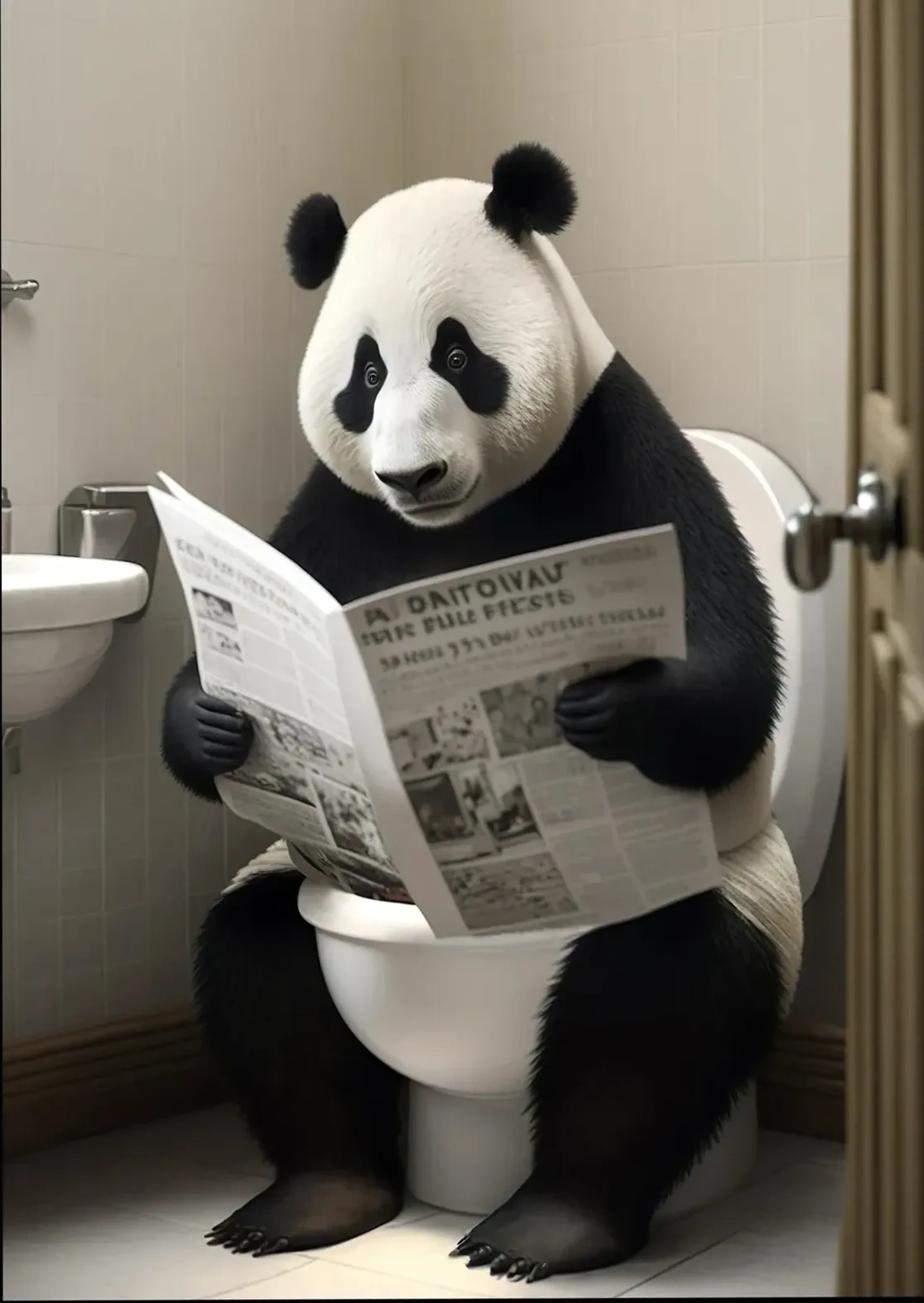 Schwarz-weißer Panda sitzt auf einer Toilette und liest eine aufgeschlagene Zeitung neben einem Waschbecken.