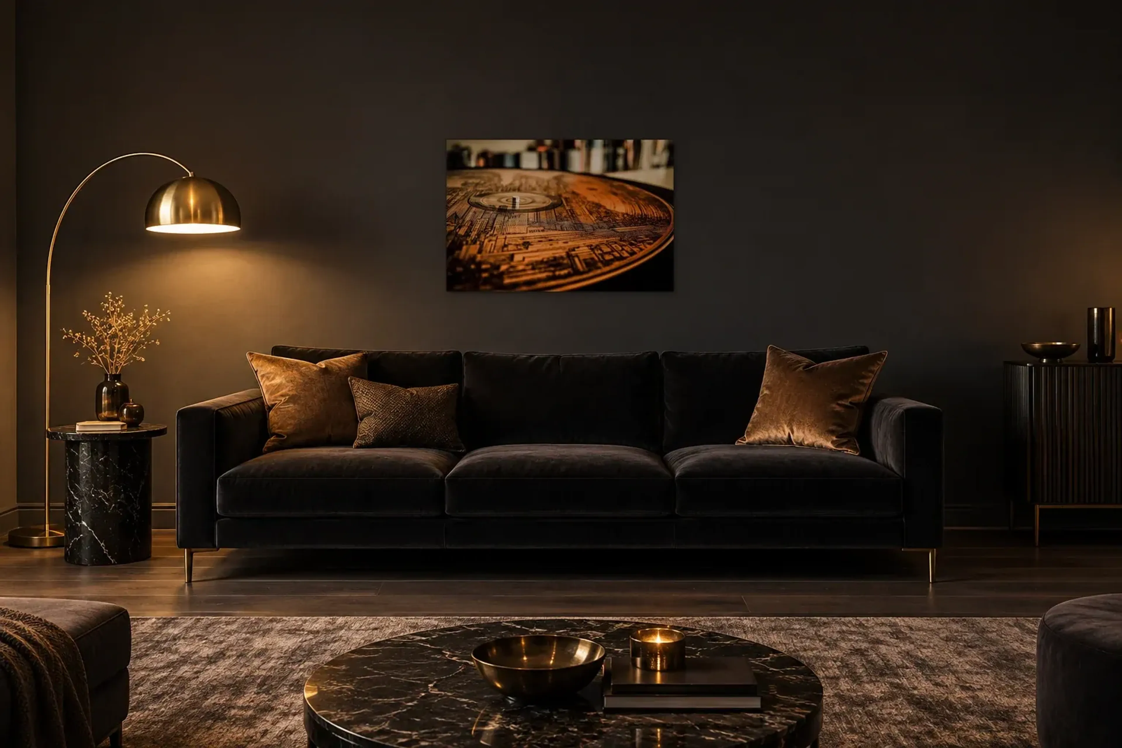 Schallplatte mit Stadtmotiv als Wandbild über einem 220-cm-Sofa
