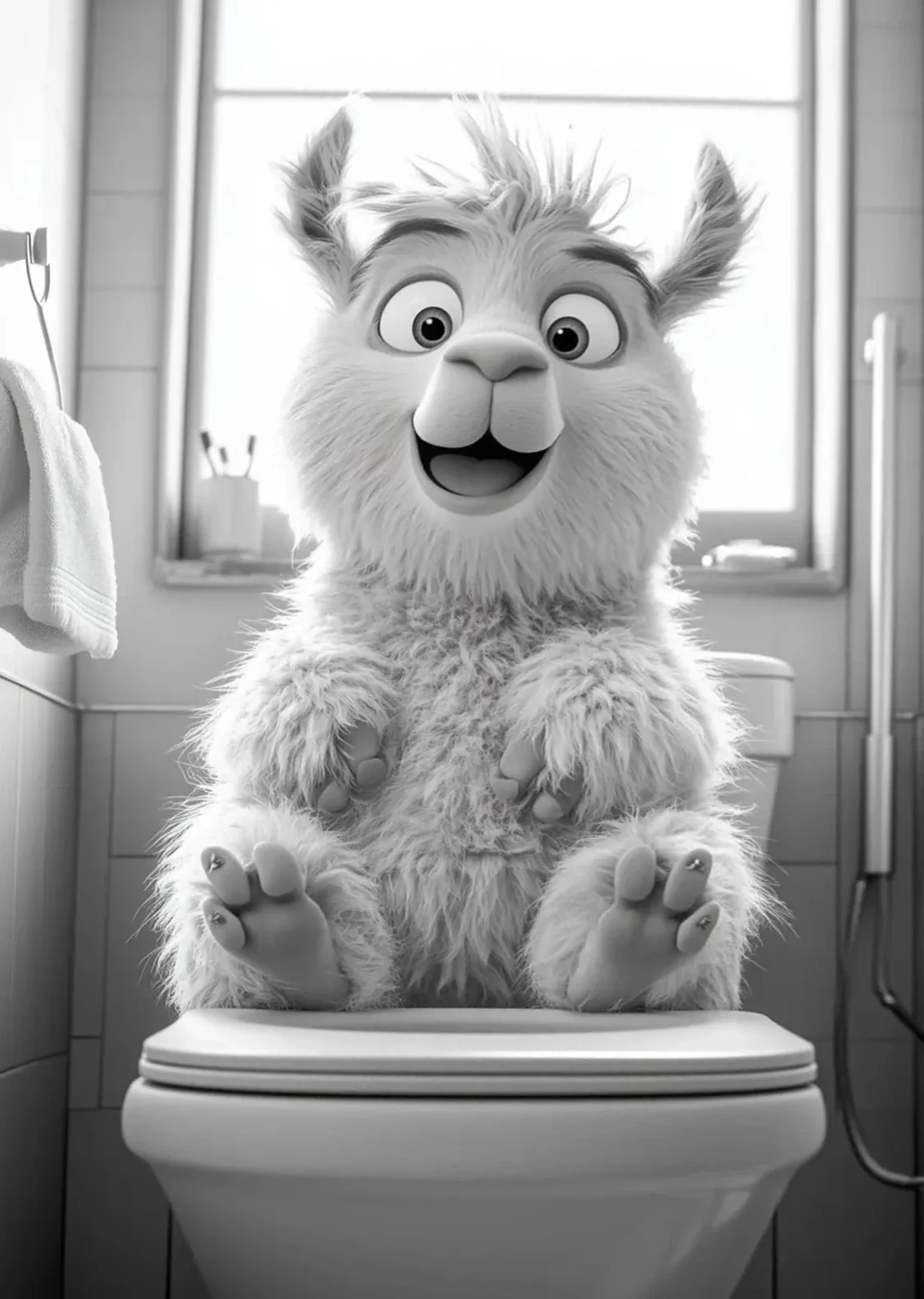 Ein wuscheliges Lama mit aufgerichteten Ohren sitzt vor einem hellen Fenster auf einem Toilettendeckel.