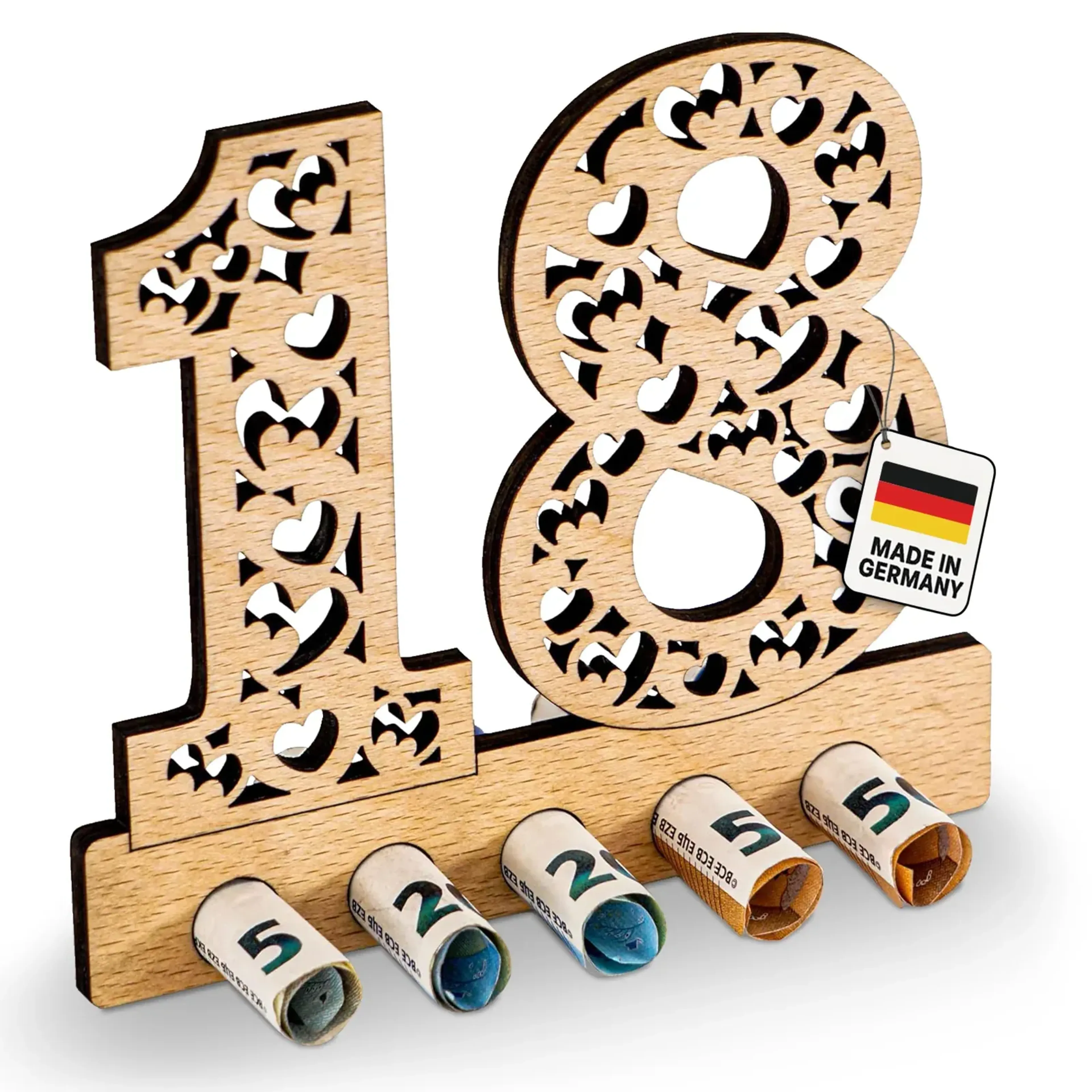 Hölzerner Geldgeschenkhalter mit der Beispielzahl 18, herzförmigen Aussparungen und fünf gerollten Geldscheinen.
