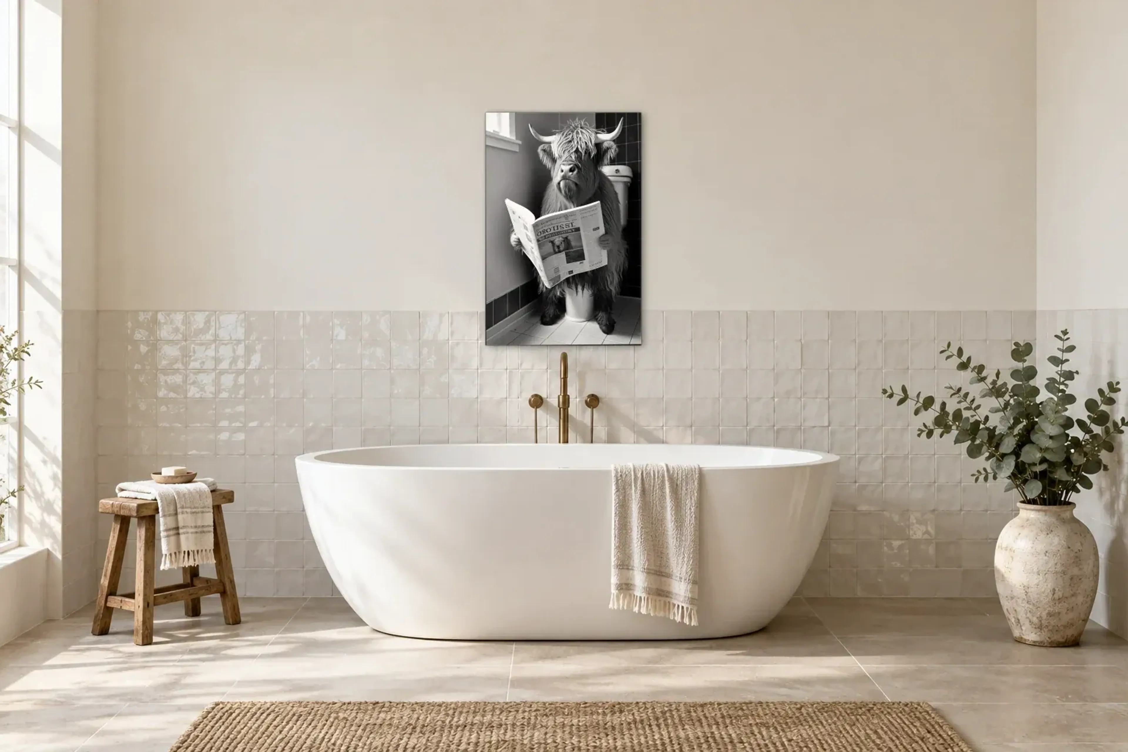 Hochlandrind mit Zeitung als Wandbild über einer 170-cm-Badewanne