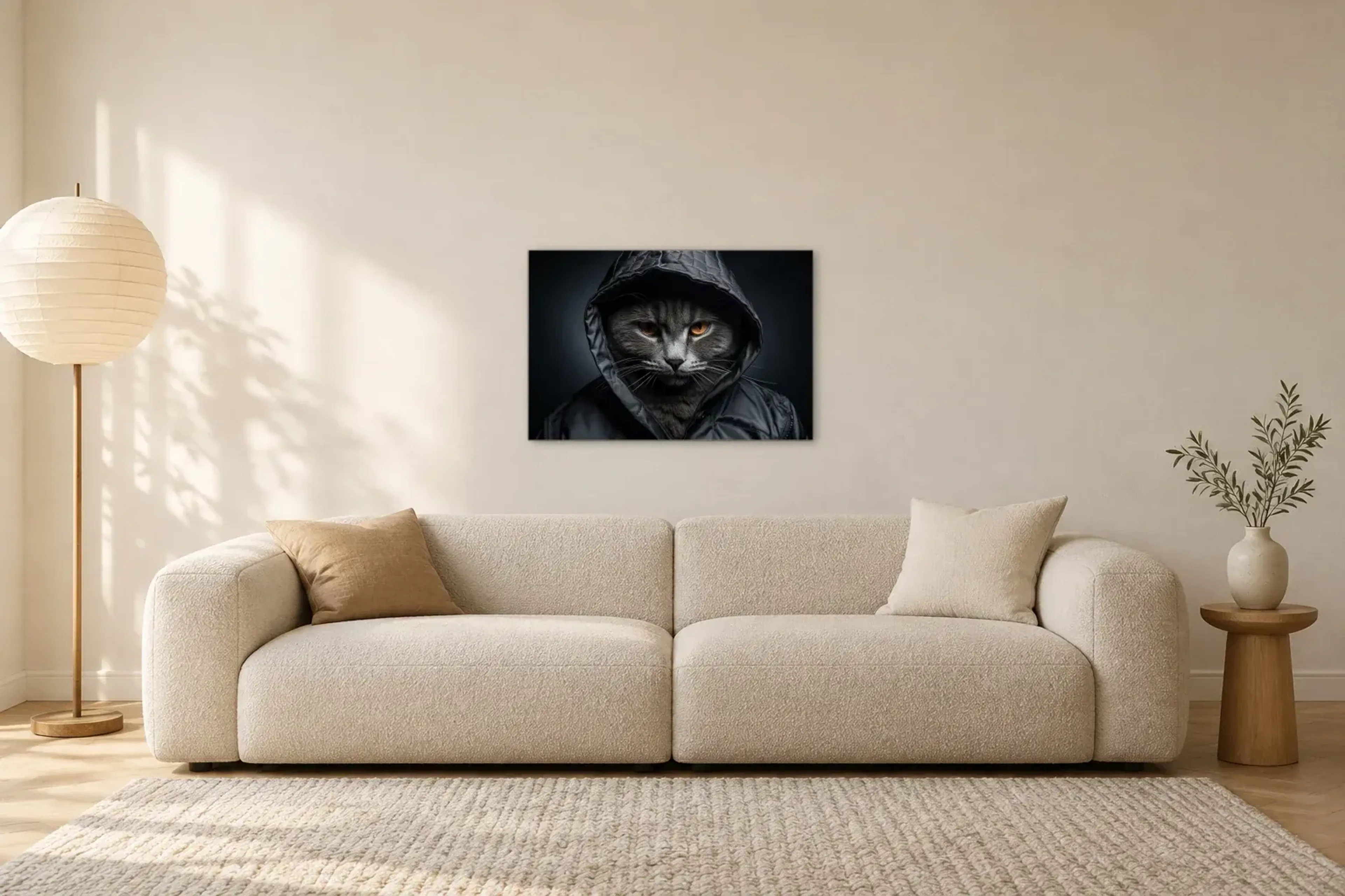 Coole Katze mit Kapuze als Wandbild über einem 230-cm-Sofa