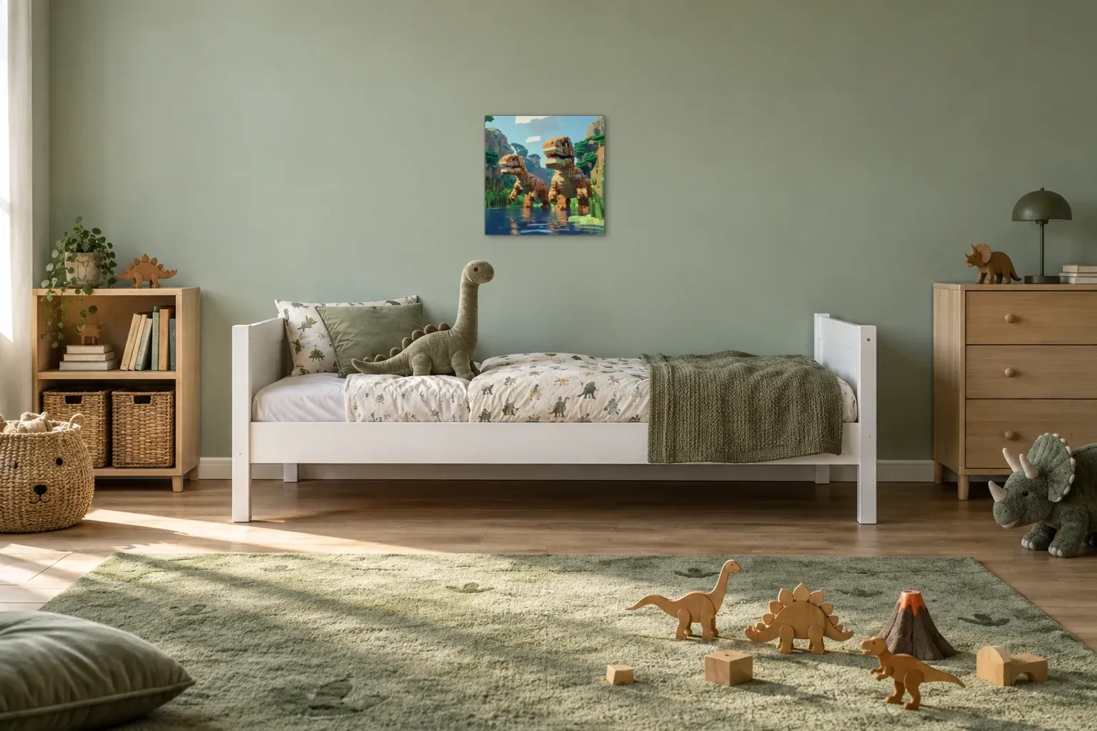 Blockdinos am Fluss als Wandbild über einem 200-cm-Kinderbett