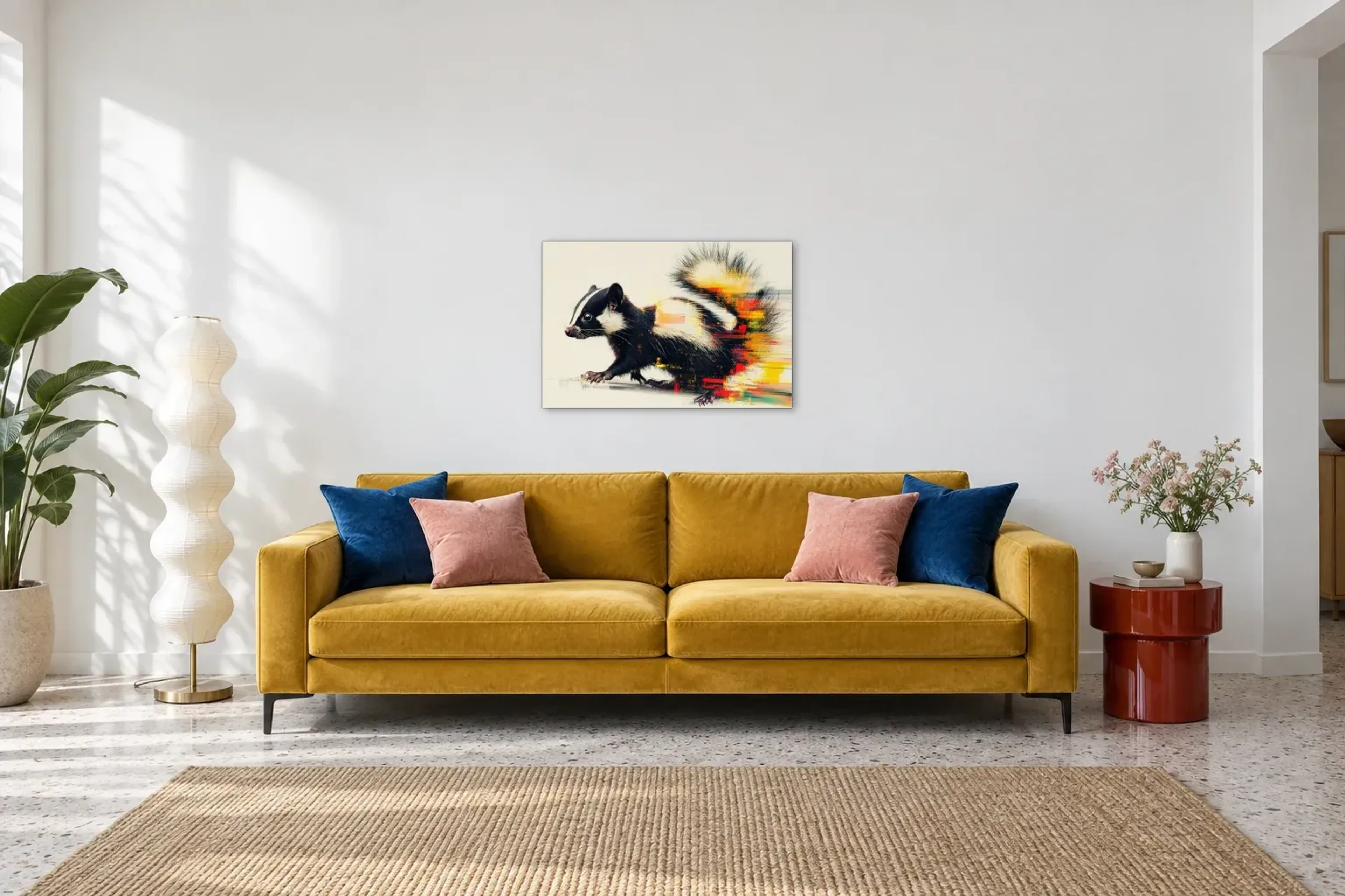 Stinktier mit buschigem Schwanz als Wandbild über einem 220-cm-Sofa
