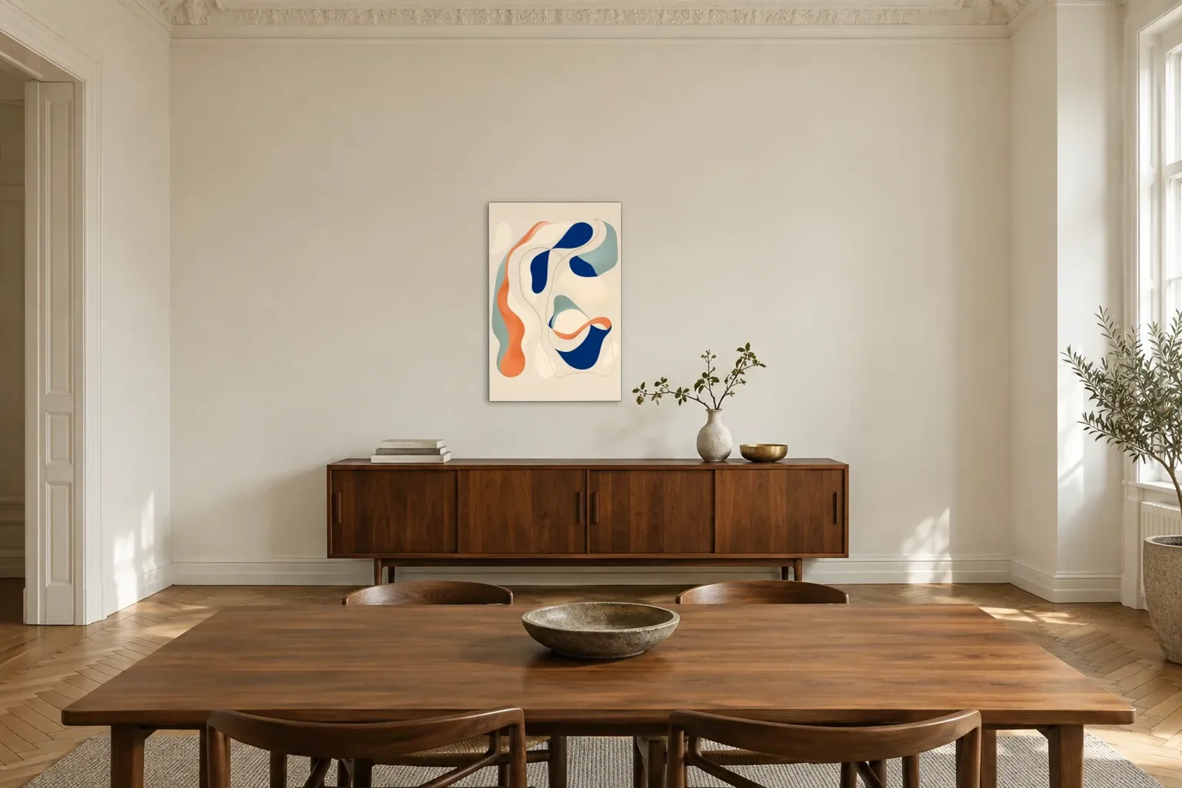 Schwung in Blau und Orange als Wandbild über einem 200-cm-Sideboard
