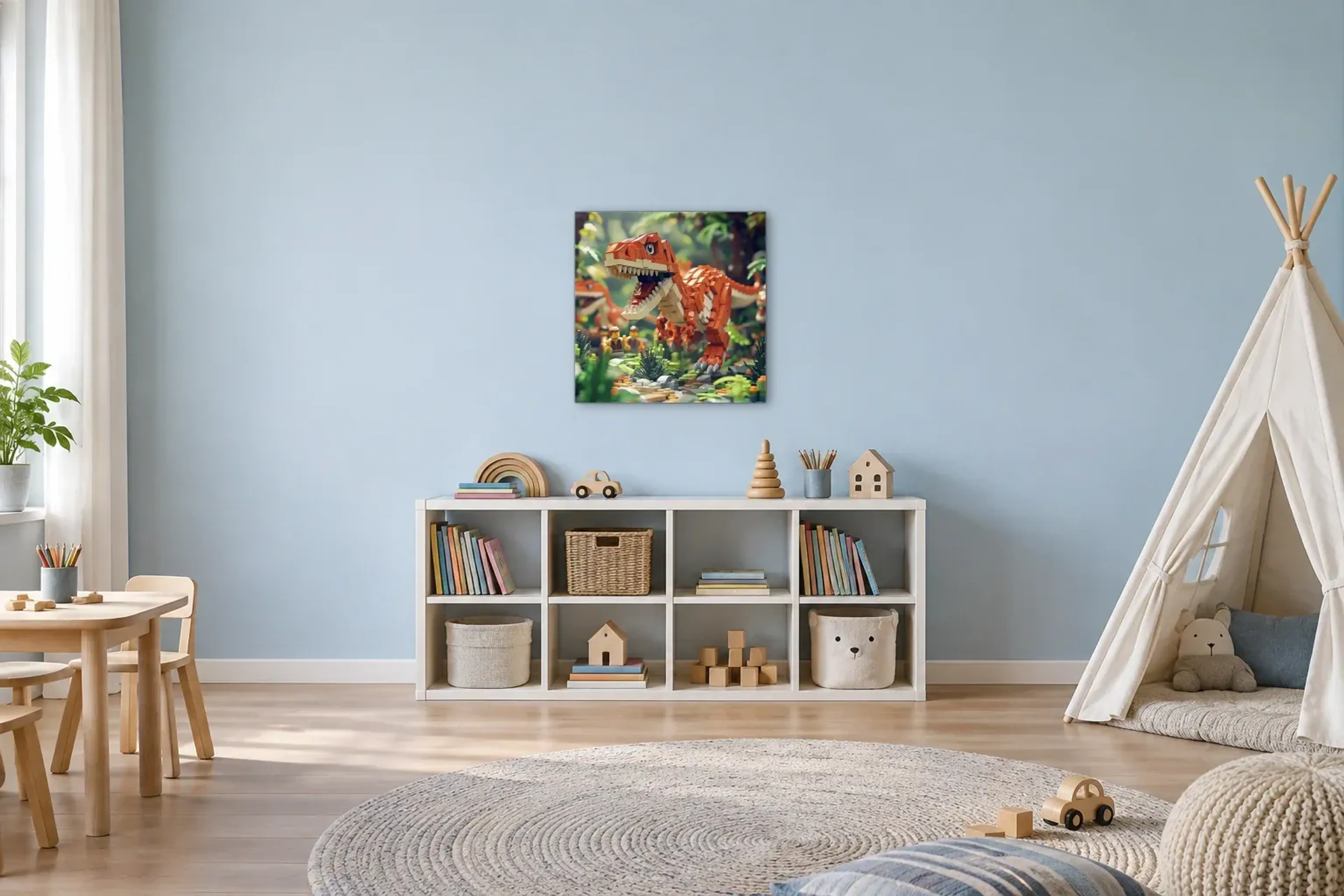 Baustein-Dino im Dschungel als Wandbild über einem 120-cm-Spielregal