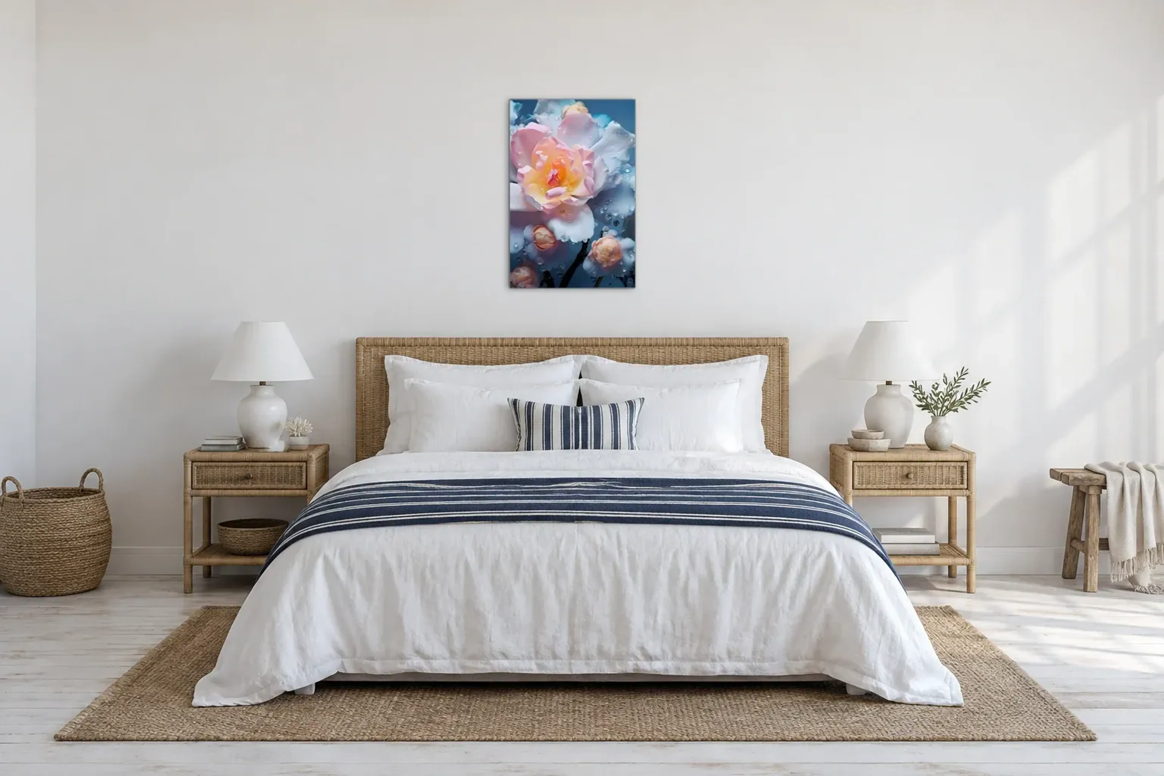 Pastellblüten mit Wassertropfen als Wandbild über einem 180-cm-Bett