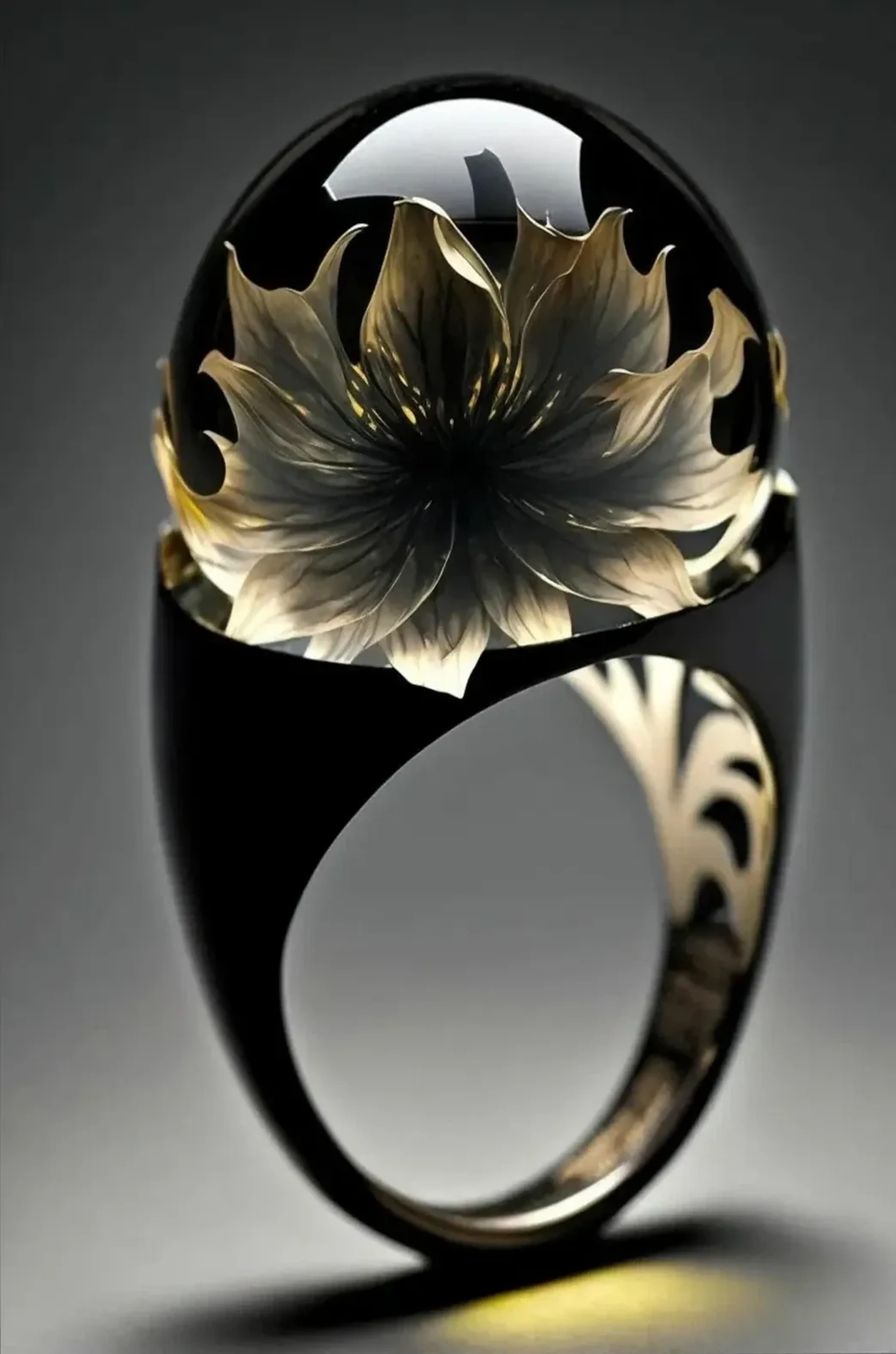 Glänzender schwarzer Ring mit heller Blütenform unter einer gewölbten Oberfläche vor grauem Hintergrund.