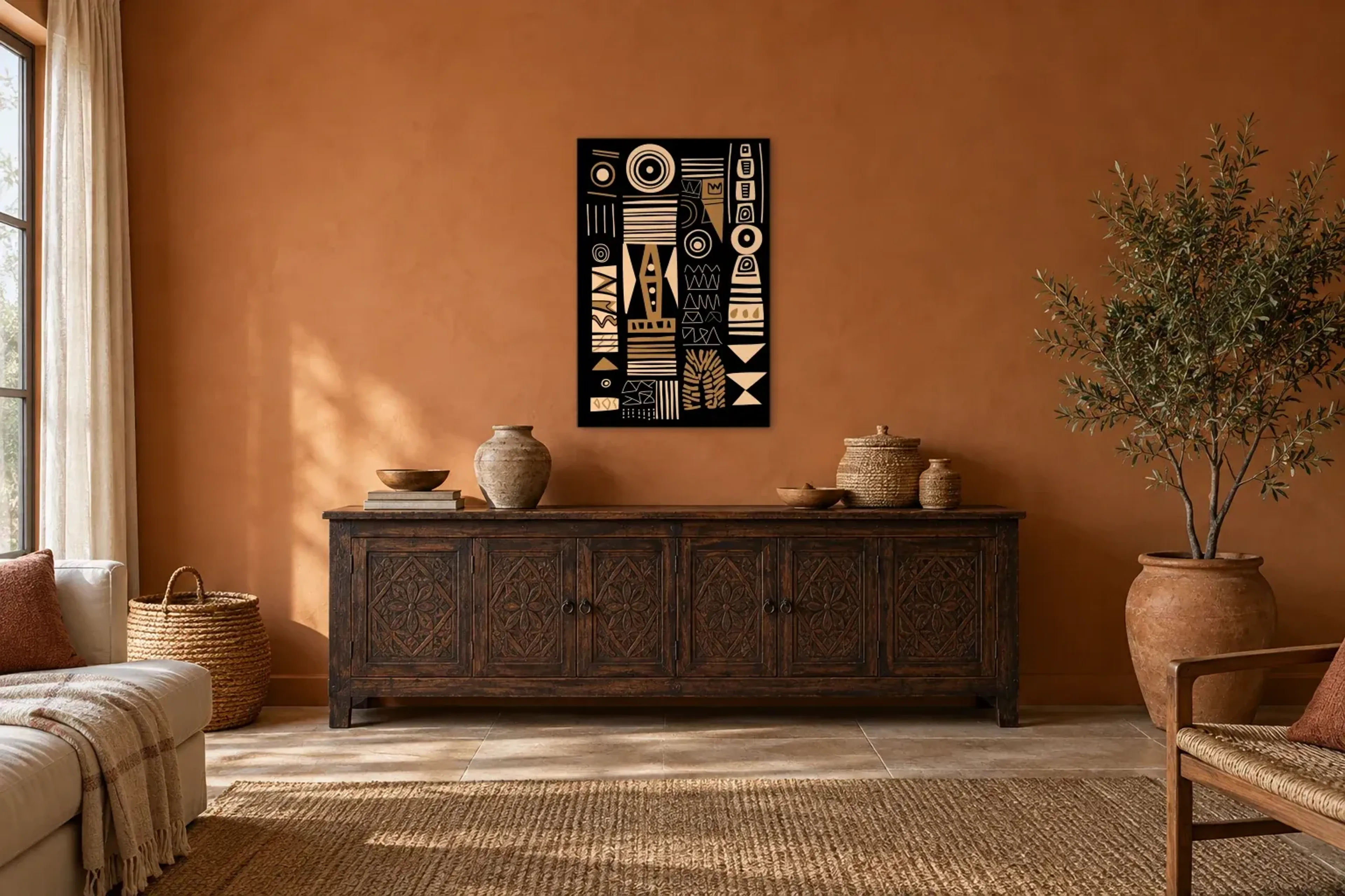 Zeichen auf Schwarz aus der Kollektion Afrikanische Kunst im Raum