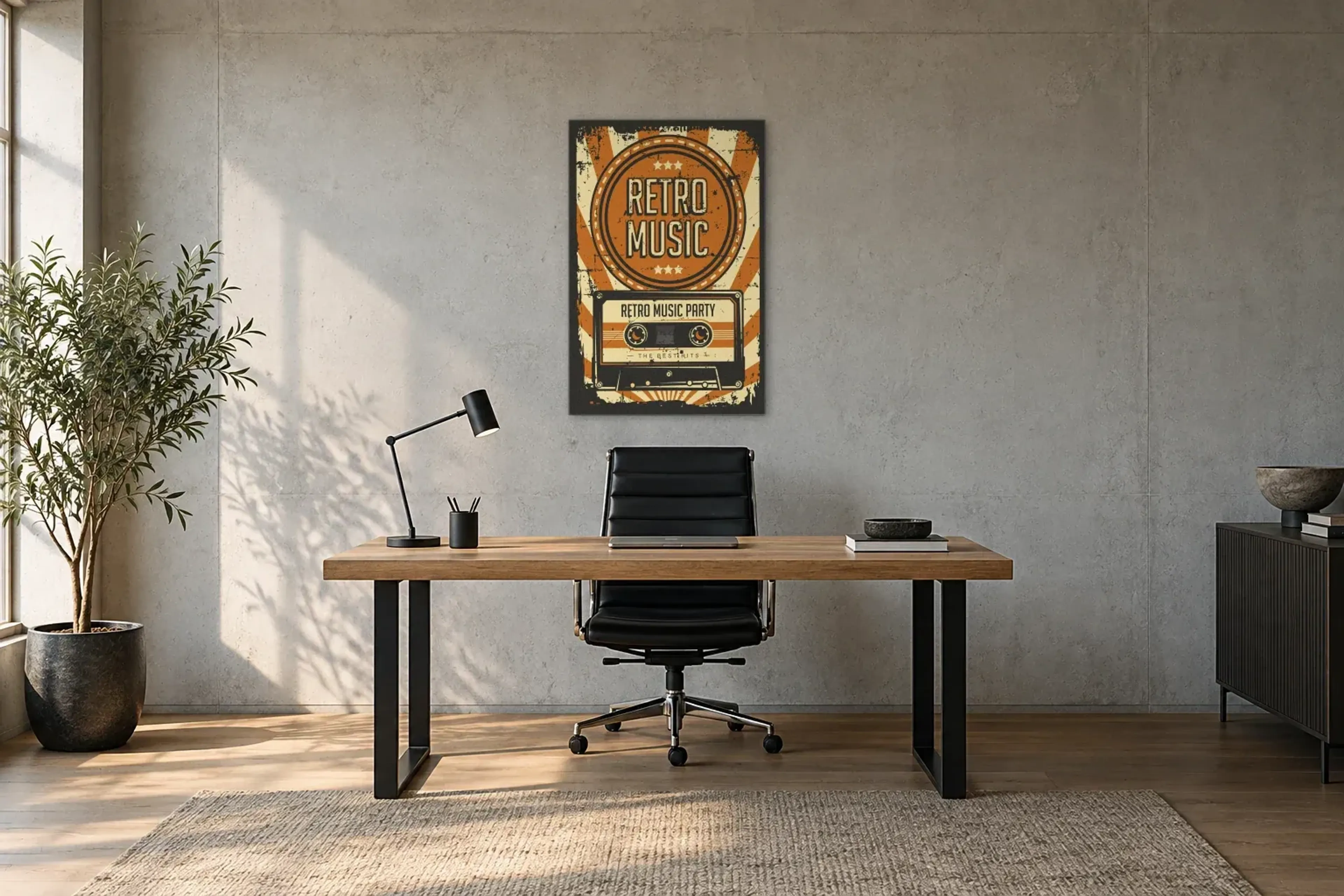 Retro Musik Kassette als Wandbild über einem 160-cm-Schreibtisch
