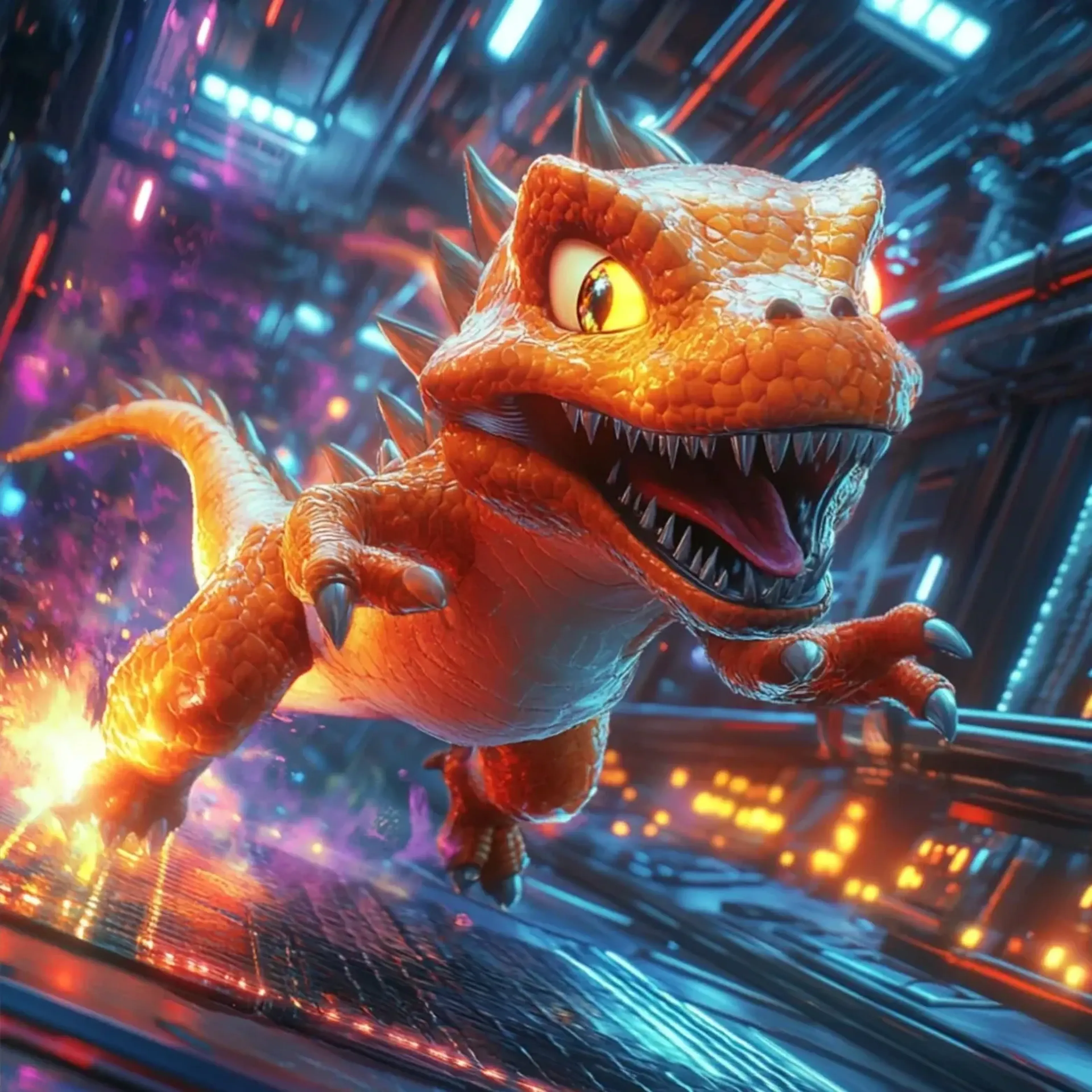 Dino auf Funkenspur – Motiv als Wandbild auf Holz