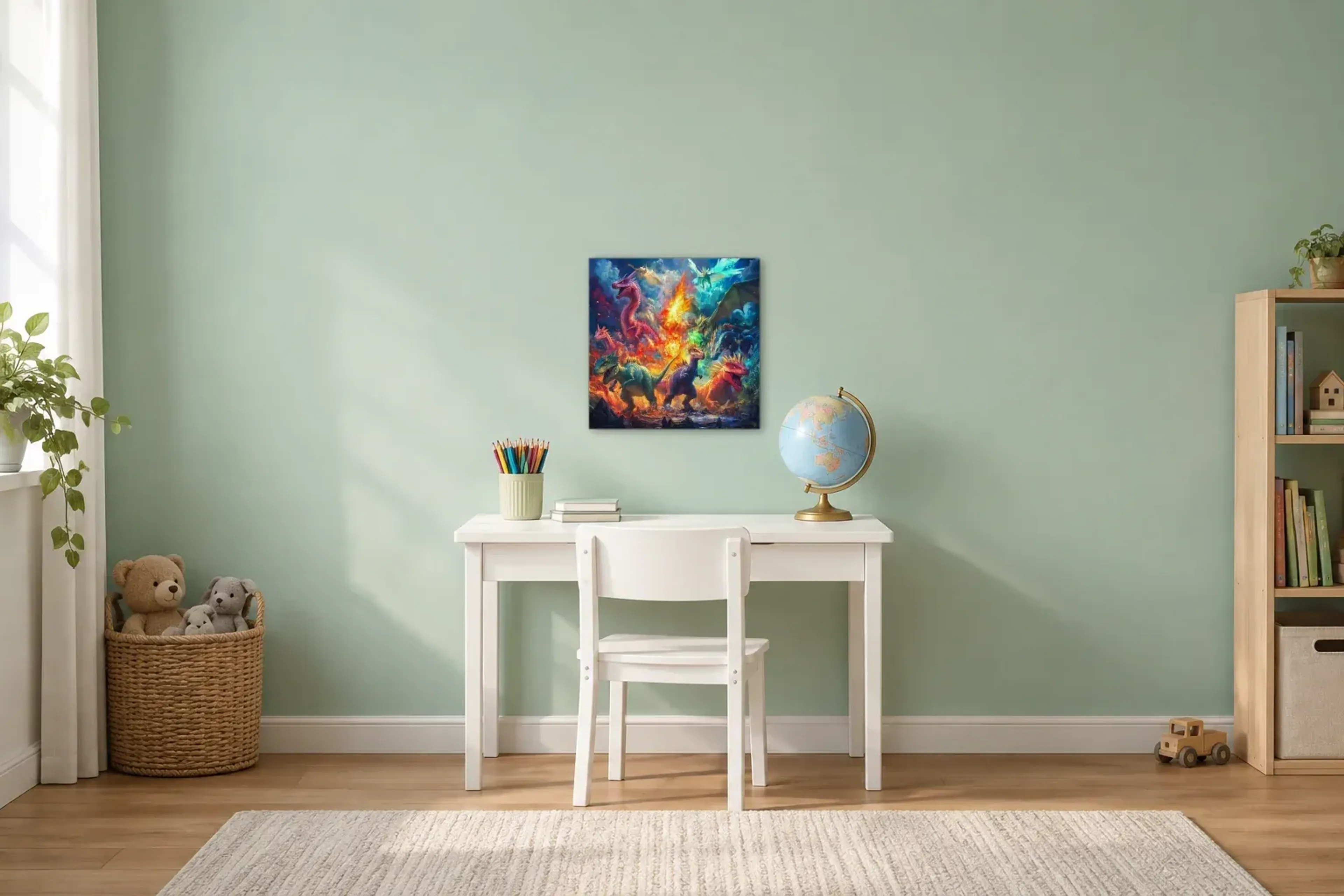 Drachen im Flammenmeer als Wandbild über einem 110-cm-Kinderschreibtisch