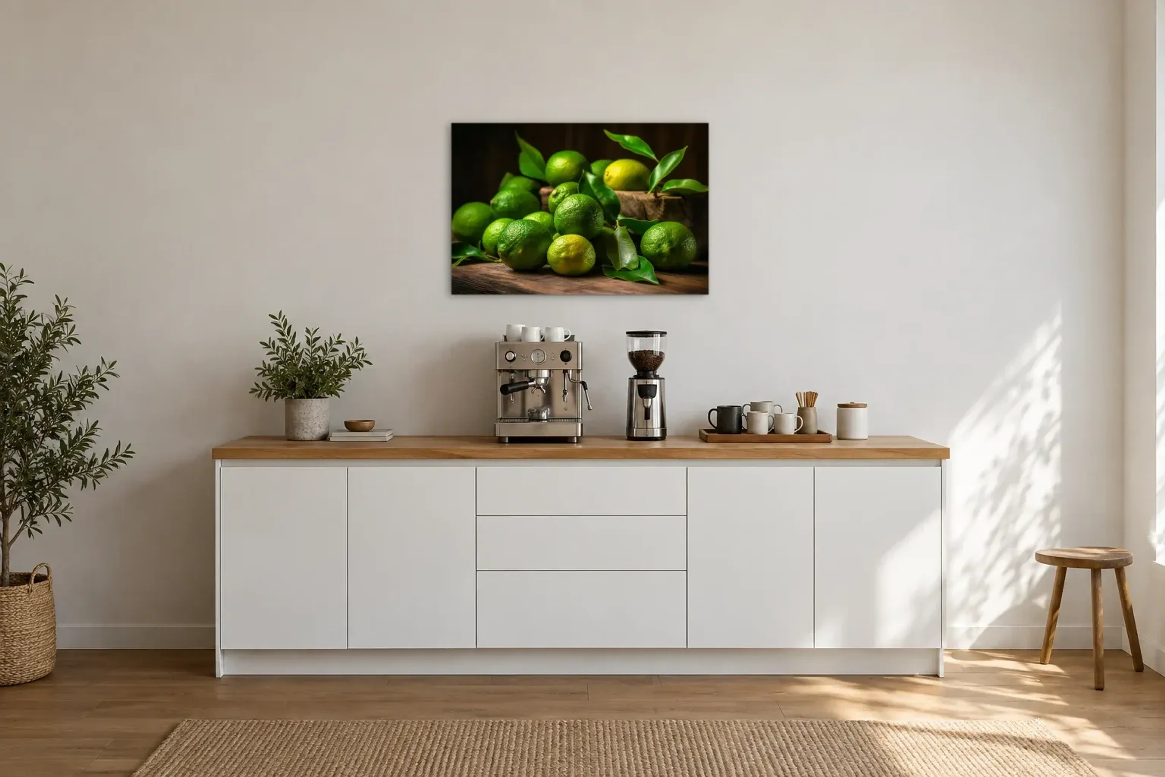 Limetten auf Holz als Wandbild über einer 200-cm-Arbeitsplatte