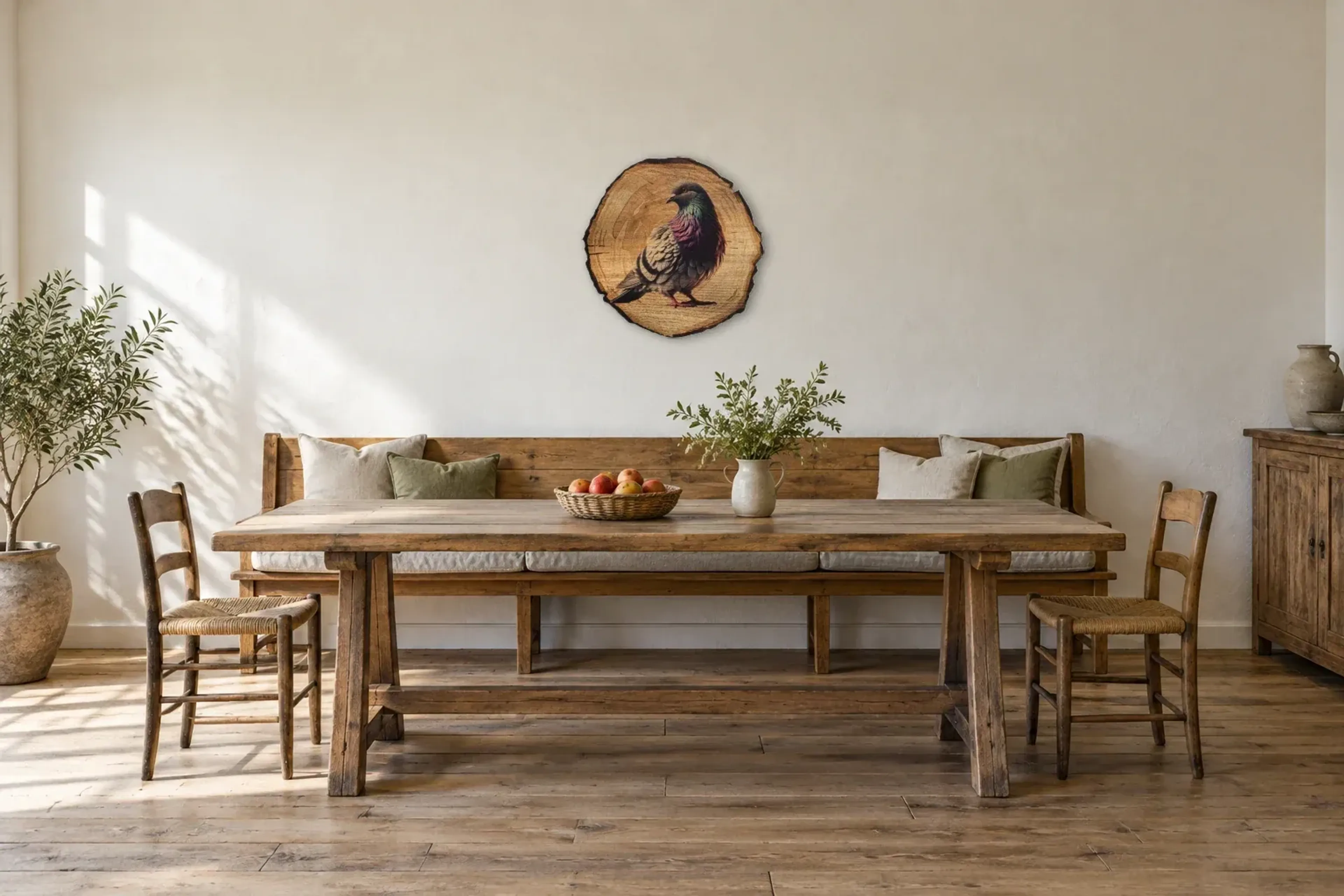 Taube mit schimmerndem Gefieder als Wandbild über einer 200-cm-Sitzbank