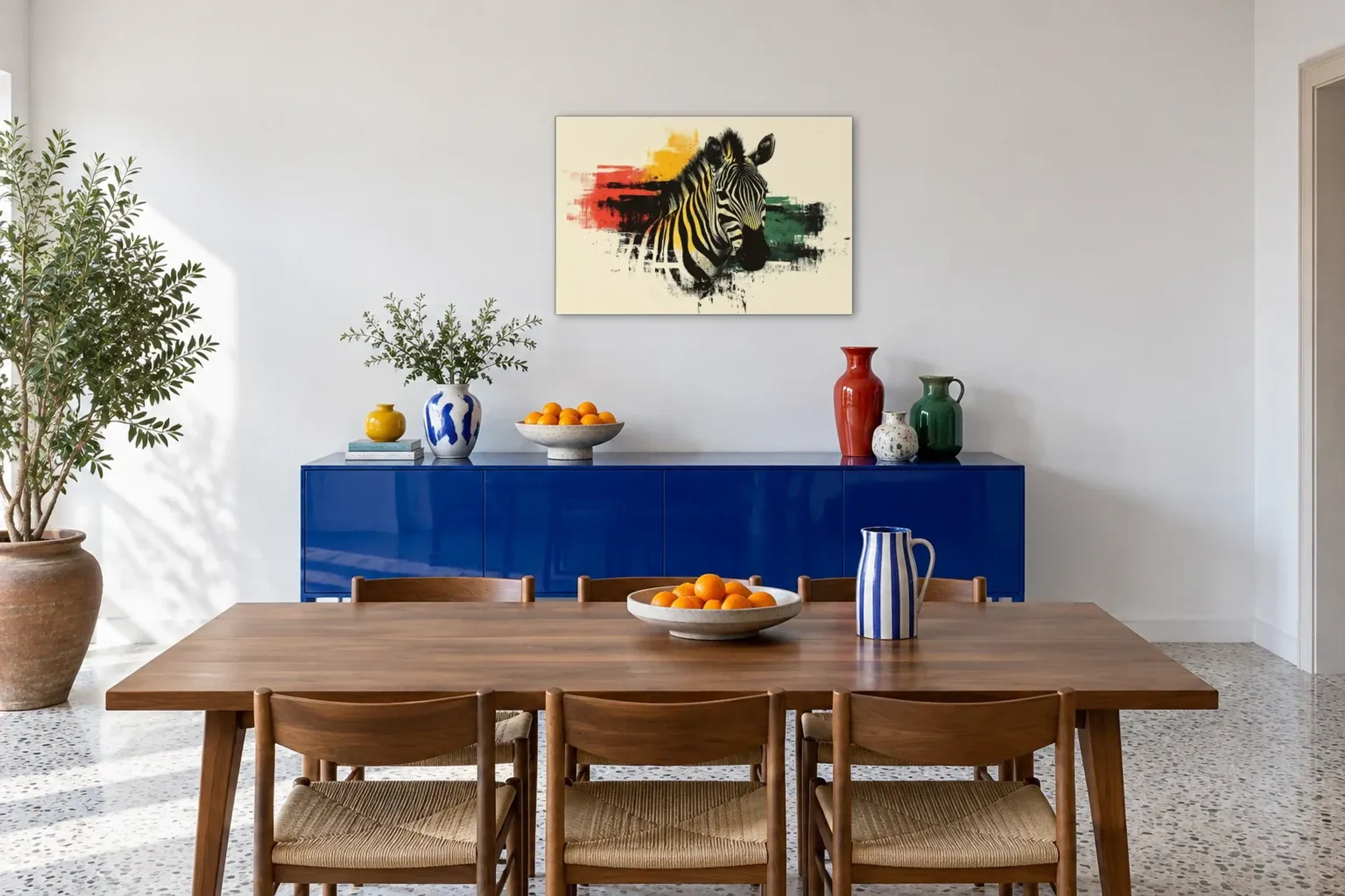 Zebra mit Farbspuren als Wandbild über einem 180-cm-Sideboard