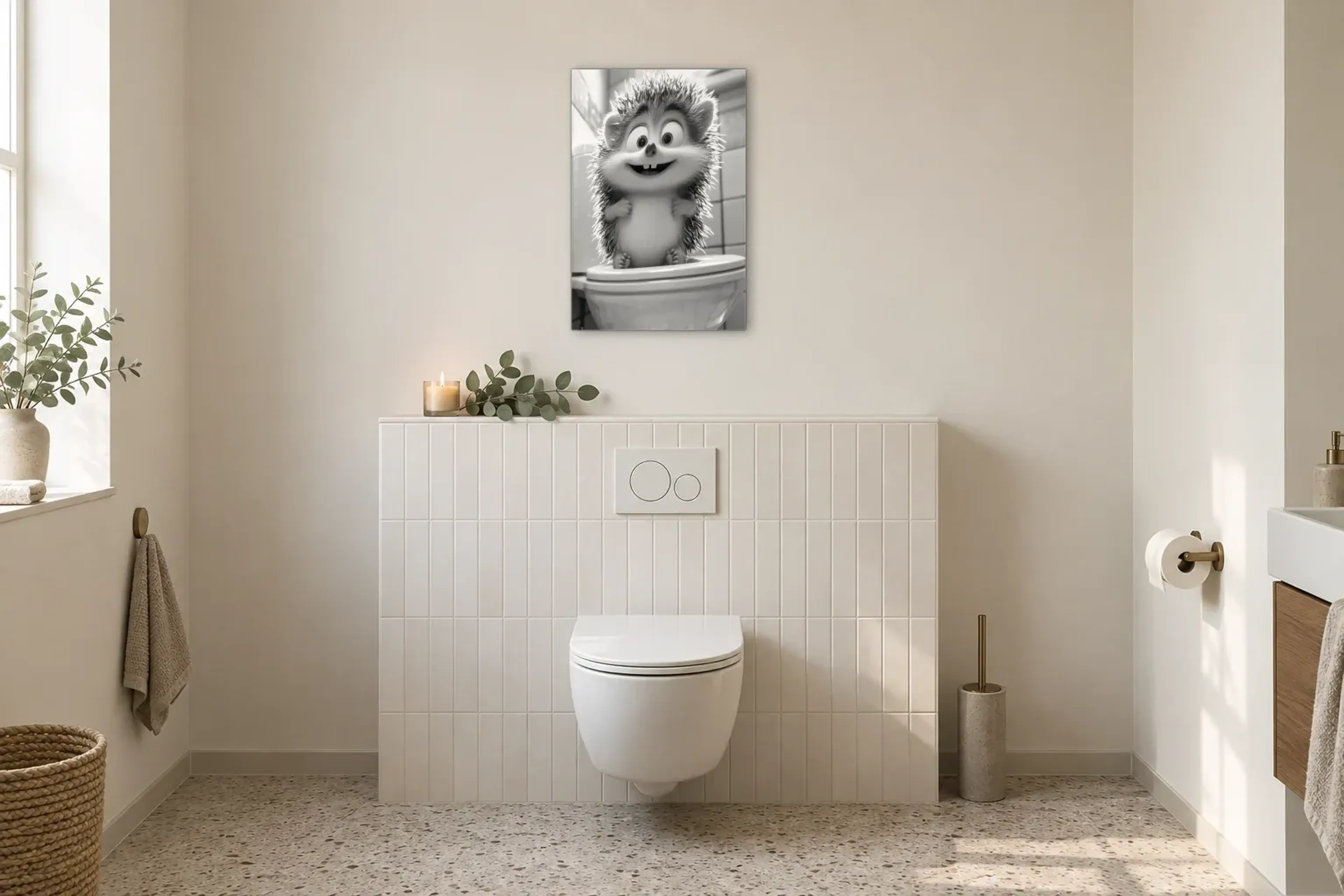 Igel auf Toilette als Wandbild im Gäste-WC
