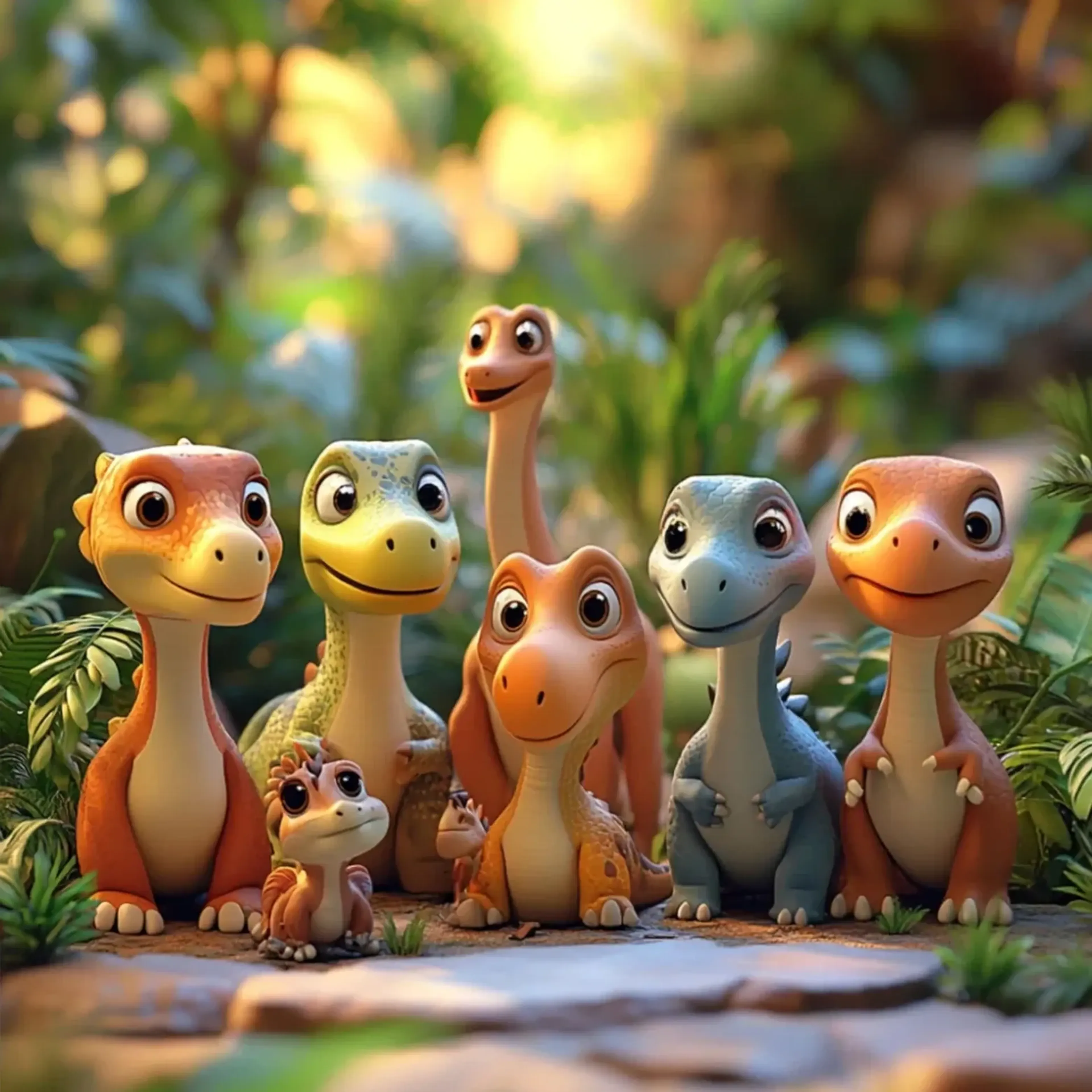 Dinotreffen im Sonnenlicht – Motiv als Wandbild auf Holz