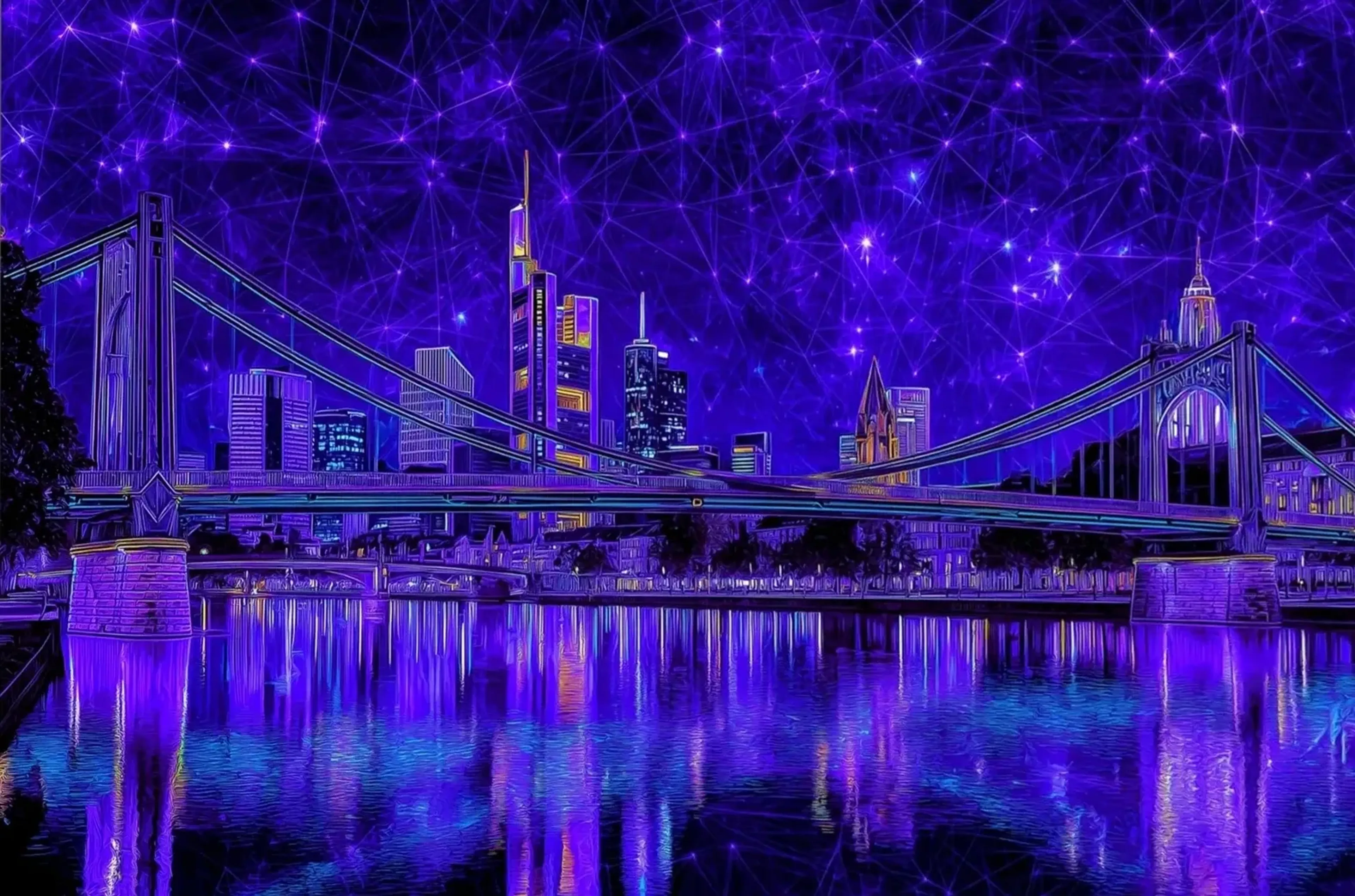 Brücke vor Frankfurter Hochhäusern mit violett-blauen Spiegelungen und einem leuchtenden Netz am Himmel.