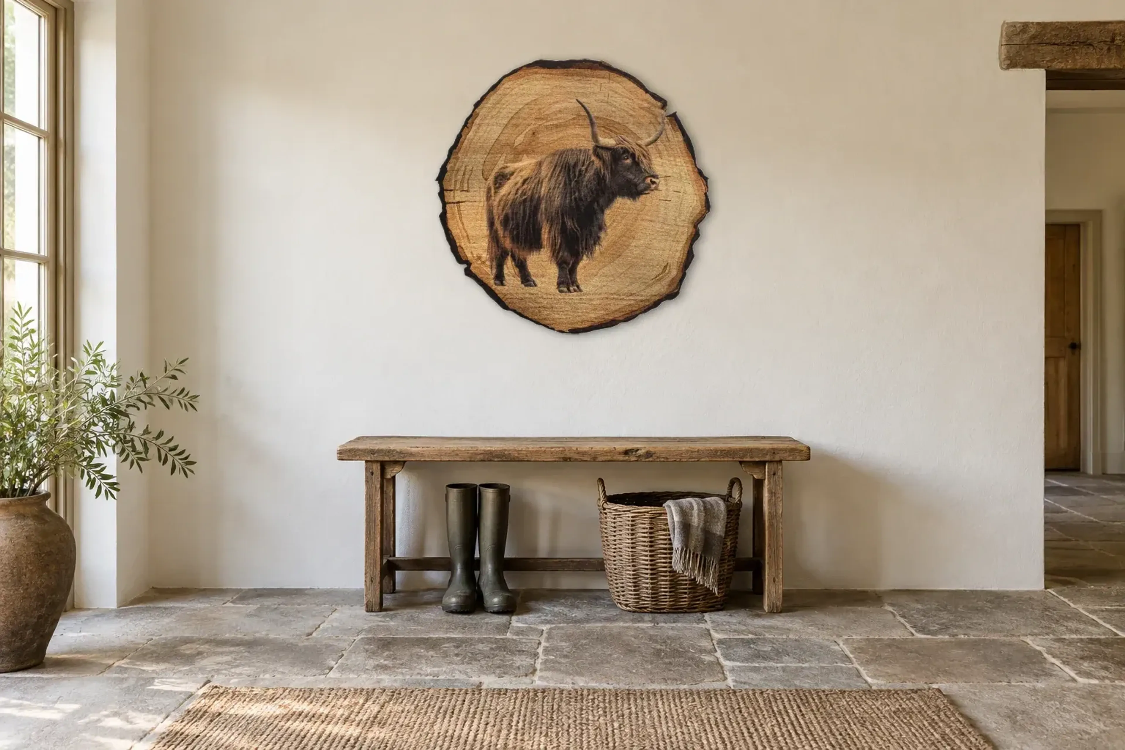 Zotteliges Hochlandrind als Wandbild über einer 120-cm-Bank