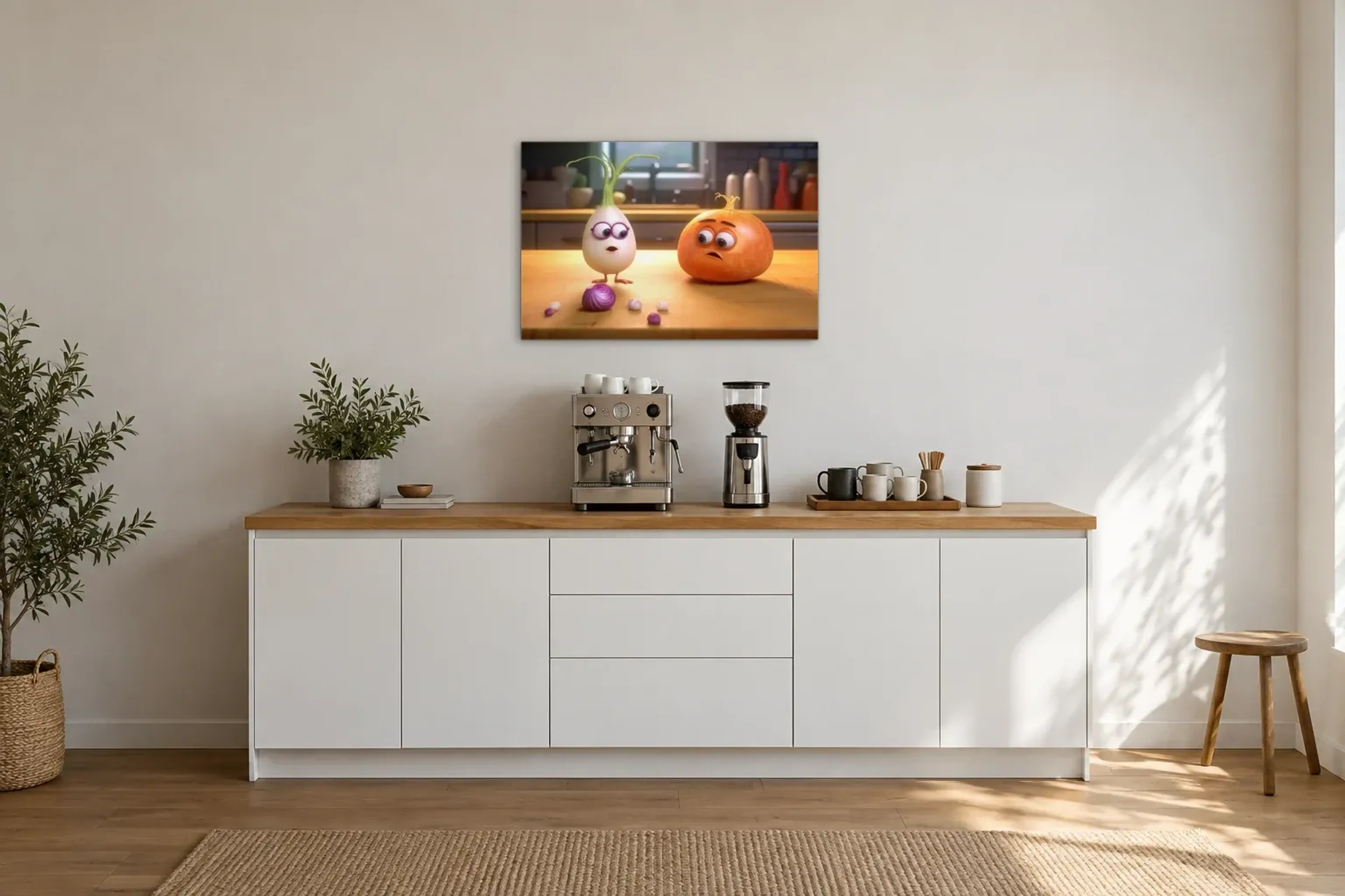 Verblüfftes Zwiebelduo als Wandbild über einer 200-cm-Arbeitsplatte
