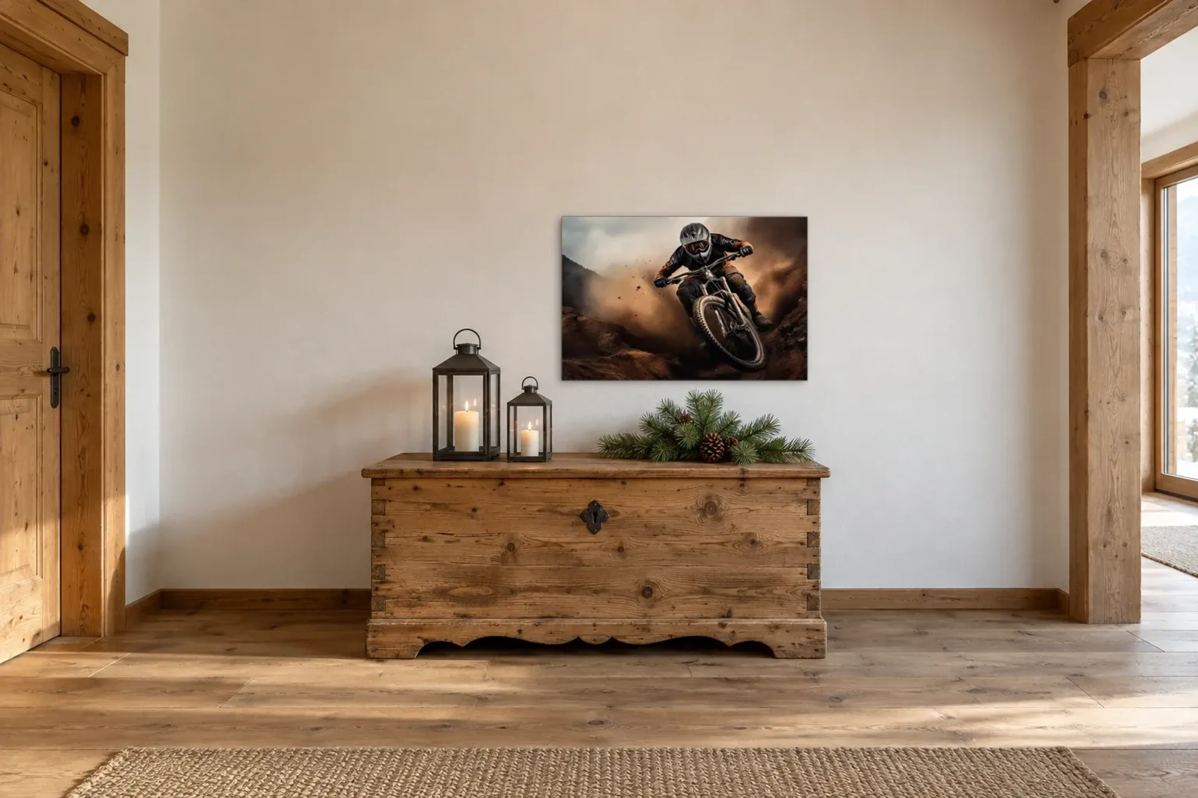 Mountainbiker in der Staubwolke als Wandbild über einer 140-cm-Truhe