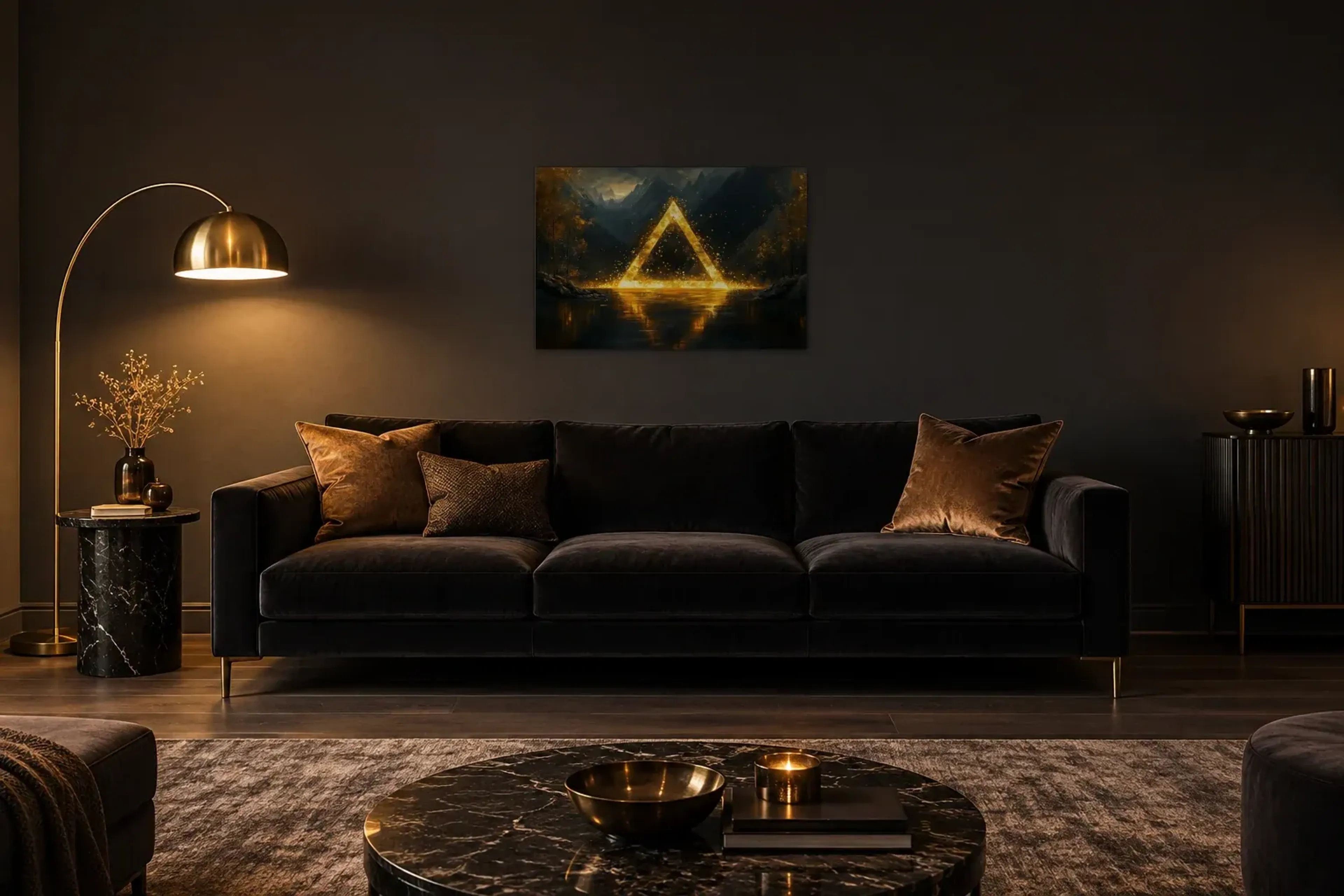 Leuchtendes Dreieck als Wandbild über einem 220-cm-Sofa