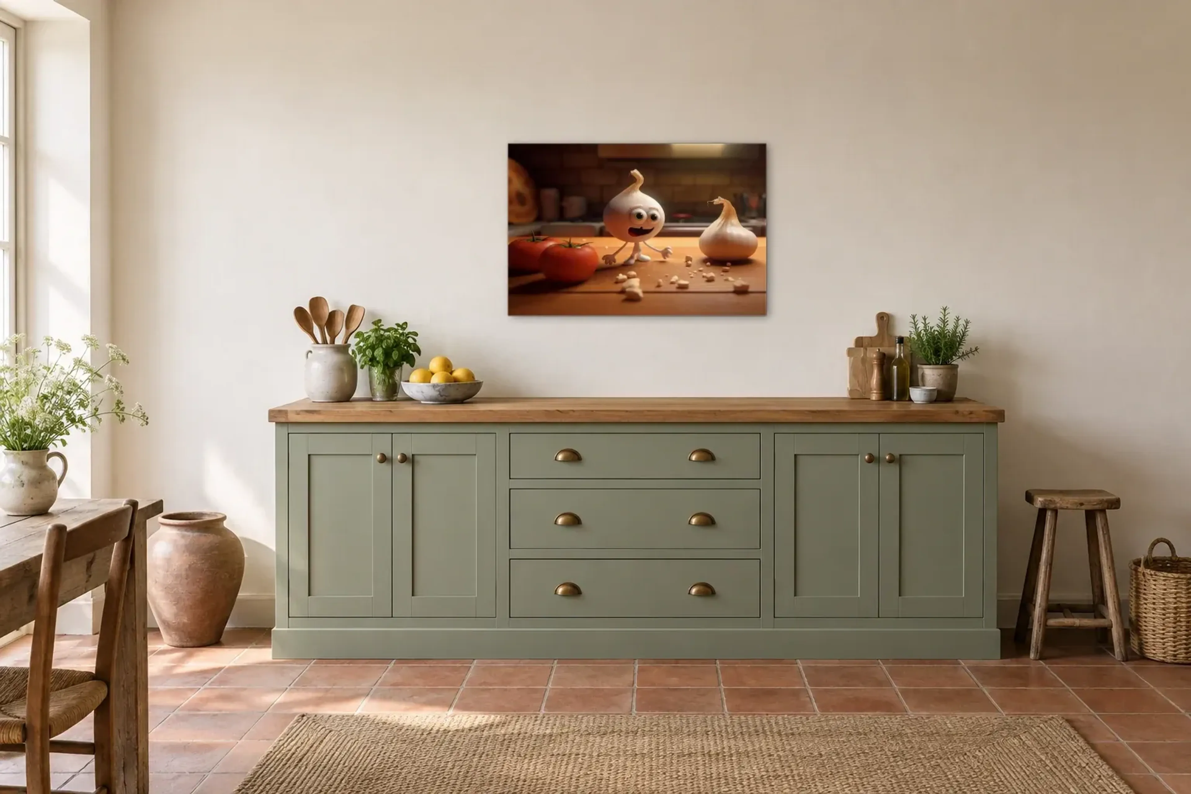 Fröhlicher Knoblauch als Wandbild über einer 200-cm-Arbeitsplatte