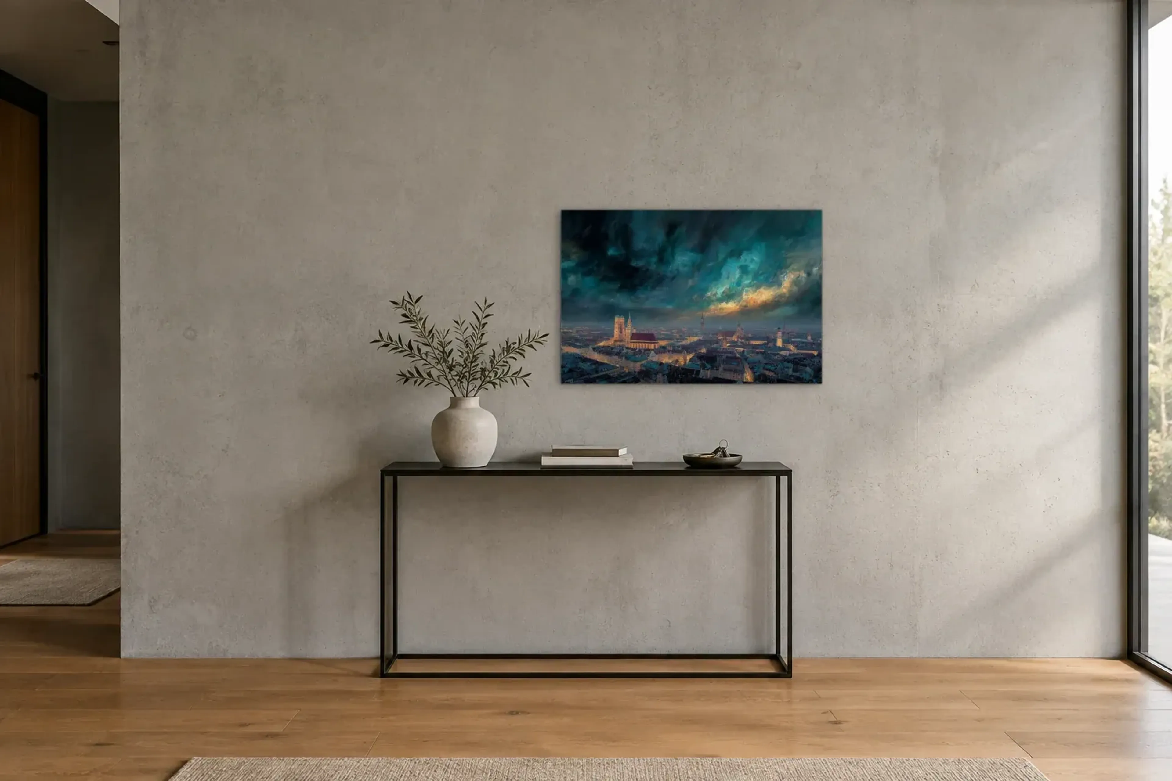 München im Wolkenlicht als Wandbild über einer 120-cm-Konsole